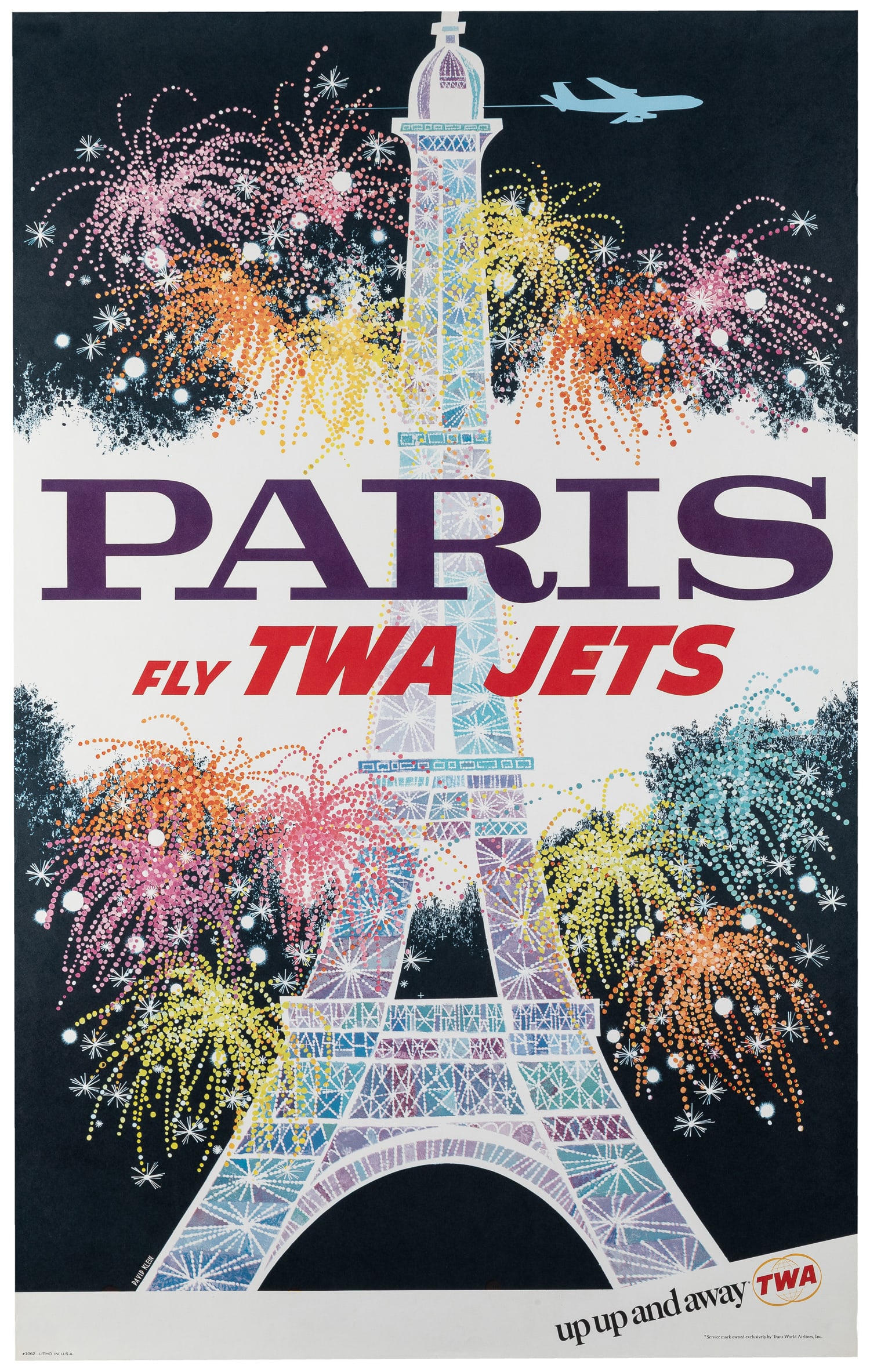 KLEIN, David (1918 - 2005). Paris / Fly TWA Jets.: KLEIN, David (1918 - 2005). Paris / Fly TWA Jets. Circa 1970. Color offset lithograph travel poster with Klein's classic design of colorful fireworks at the Eiffel Tower and a plane passing though