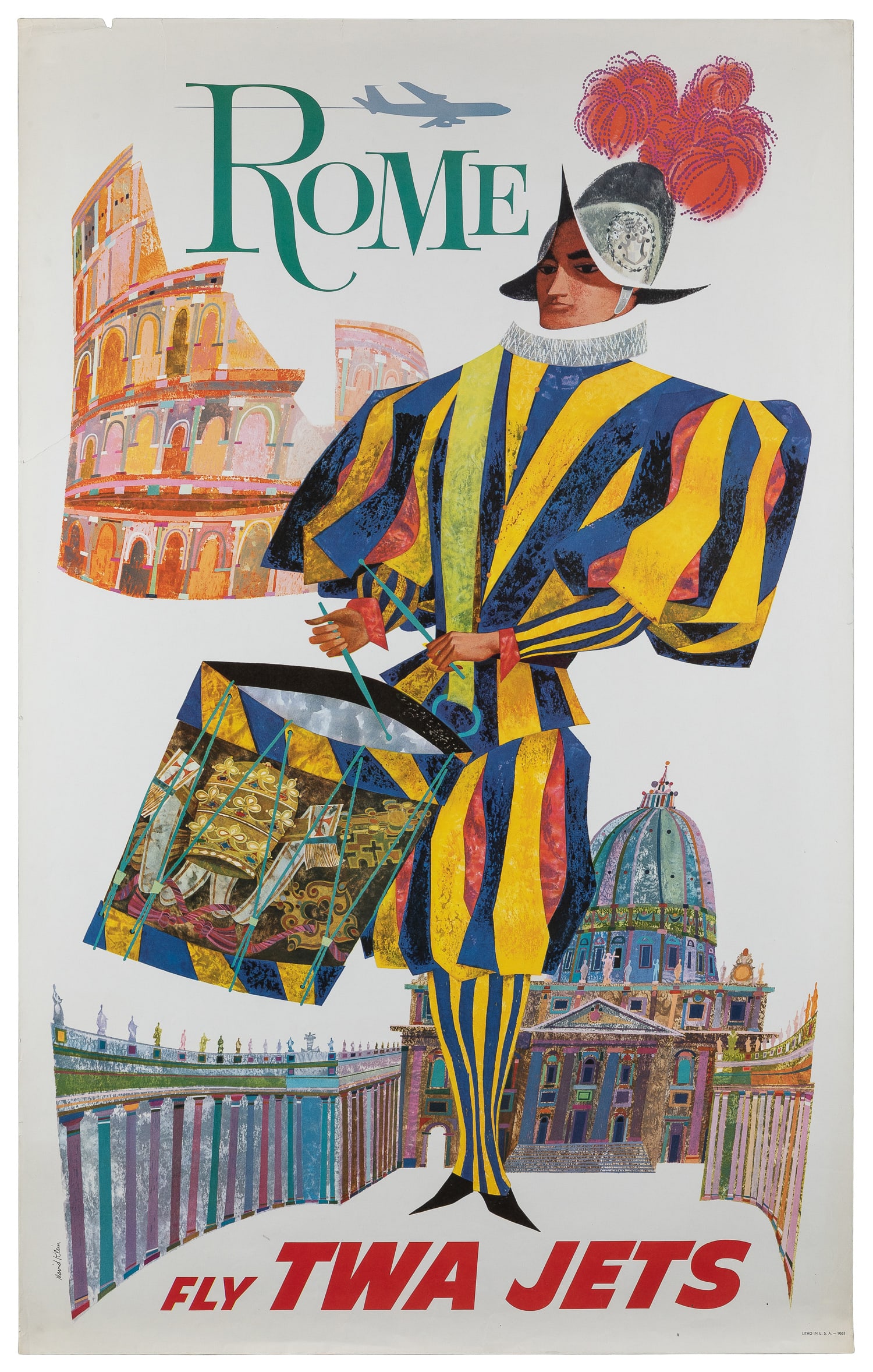 KLEIN, David (1918 - 2005). Rome / Fly TWA Jets.: KLEIN, David (1918 - 2005). Rome / Fly TWA Jets. 1960s. Colorful offset lithograph airline poster featuring . Larger version version. Paper. 25 x 15 5/8”.