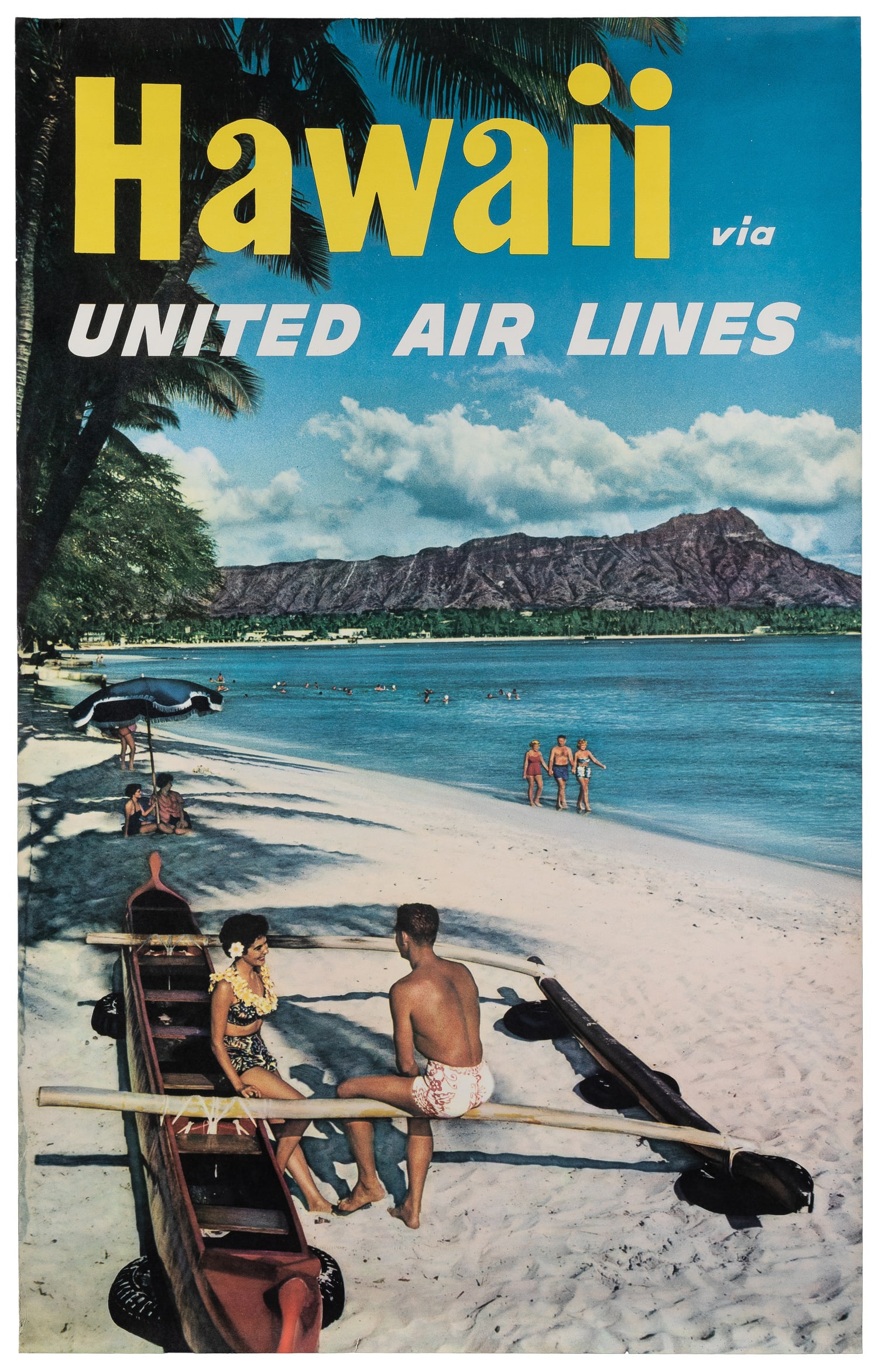 Hawaii / United Air Lines. 1960s.: Hawaii / United Air Lines. 1960s. Photo-offset travel poster showing Waikiki beach with a couple sitting beside an outrigger canoe. Paper. 40 x 25".