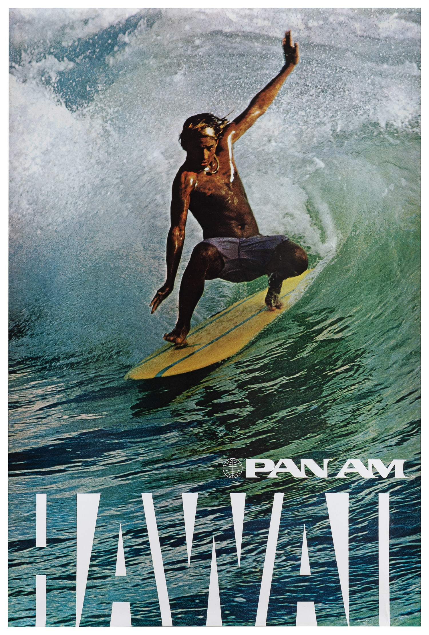 Hawaii / Pan Am. 1970s.: Hawaii / Pan Am. 1970s. Striking color photo-offset Pan American travel poster featuring a surfer. This copy comes directly from the photographer, Tom Haar, whose image is depicted on the poster -