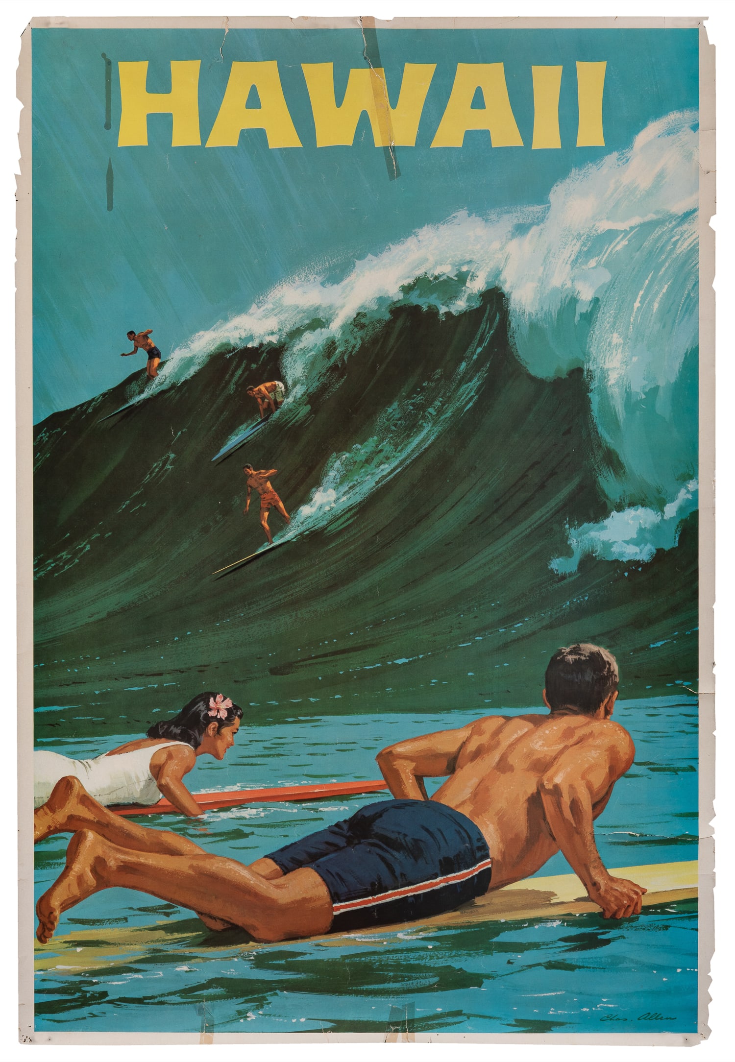 ALLEN, Charles (1922 - 2011). Hawaii.: ALLEN, Charles (1922 - 2011). Hawaii. Circa 1960s. Tourism poster with an illustration of surfers riding out to catch a huge wave. Paper. 37 1/2 x 25 1/2".