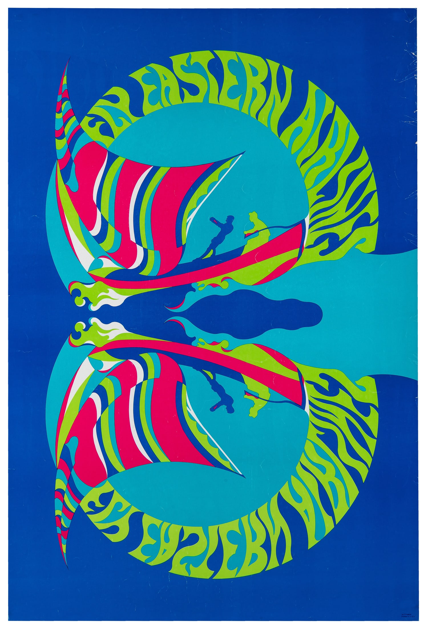 Fly Eastern Airlines. Circa 1960s.: Fly Eastern Airlines. Circa 1960s. Airline poster with psychedelic symmetrical butterfly artwork of men in sailboats. One of several psychedelic travel posters issued by Eastern Airlines. Paper. 35