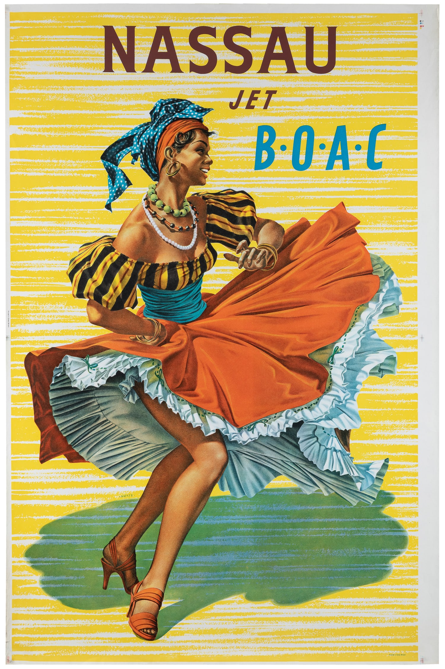HAYES. Nassau / Jet BOAC.: HAYES. Nassau / Jet BOAC. Color offset lithograph travel poster with a colorful illustration of a dancer. Paper. 40 1/2 x 27".