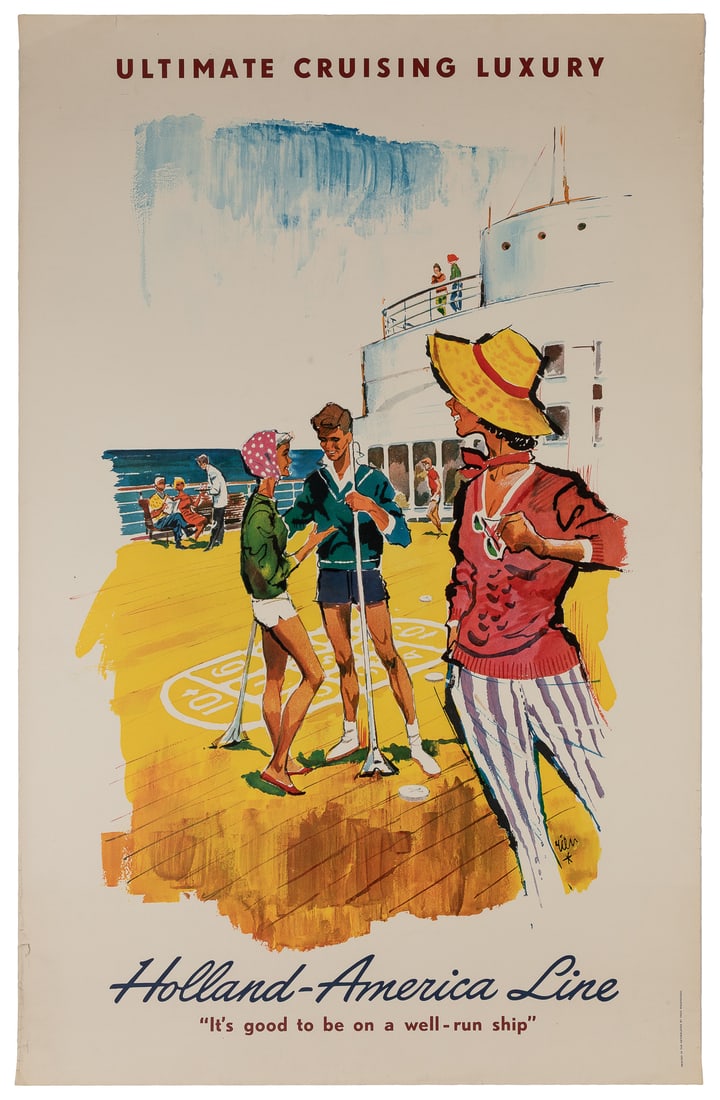 POORTVLIET, Rien (1932 – 1995). Holland America Line / Ulti...: POORTVLIET, Rien (1932 - 1995). Holland America Line / Ultimate Cruising Luxury. Netherlands: Vada Wageningen, ca. 1960s. Cruise poster depicting a group of tourists on a sunny deck playing