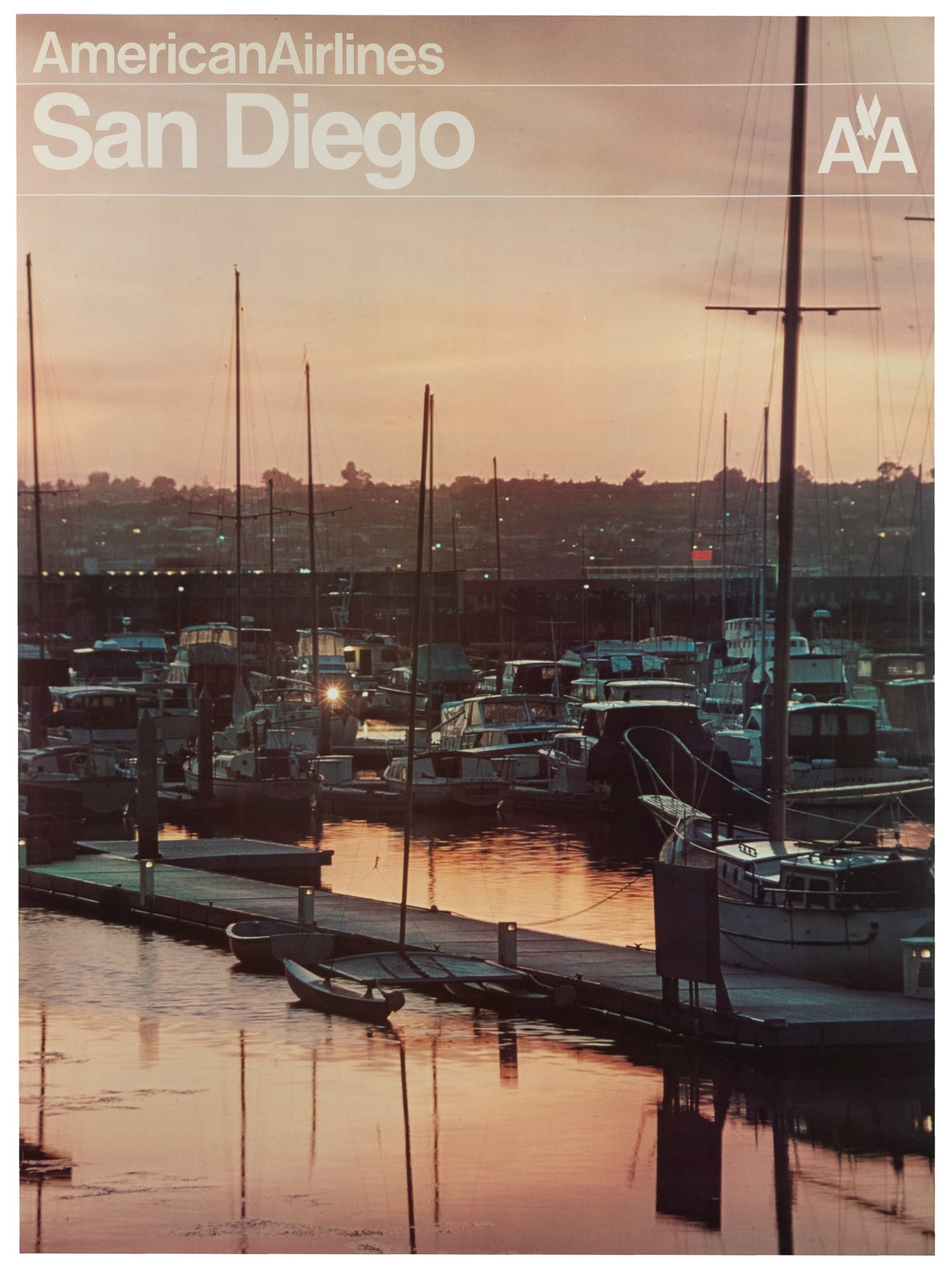 San Diego / American Airlines.: San Diego / American Airlines. Circa 1970s. Photographic airline poster featuring a harbor scene at dusk. Linen backed. 40 x 30".