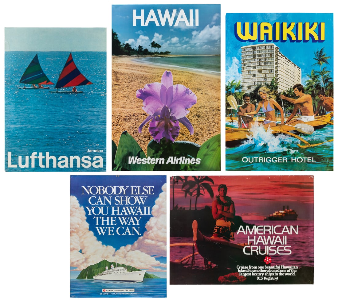 [BEACH & RESORT TRAVEL]. Group of 11 posters.: [BEACH & RESORT TRAVEL]. Group of 11 posters. Circa 1970s-90s. Including: Waikiki Outrigger Hotel; Trinidad & Tobago; Bermuda College Weeks 87; Florida's Pinellas Suncoast; Innisbrook; Sawgrass;