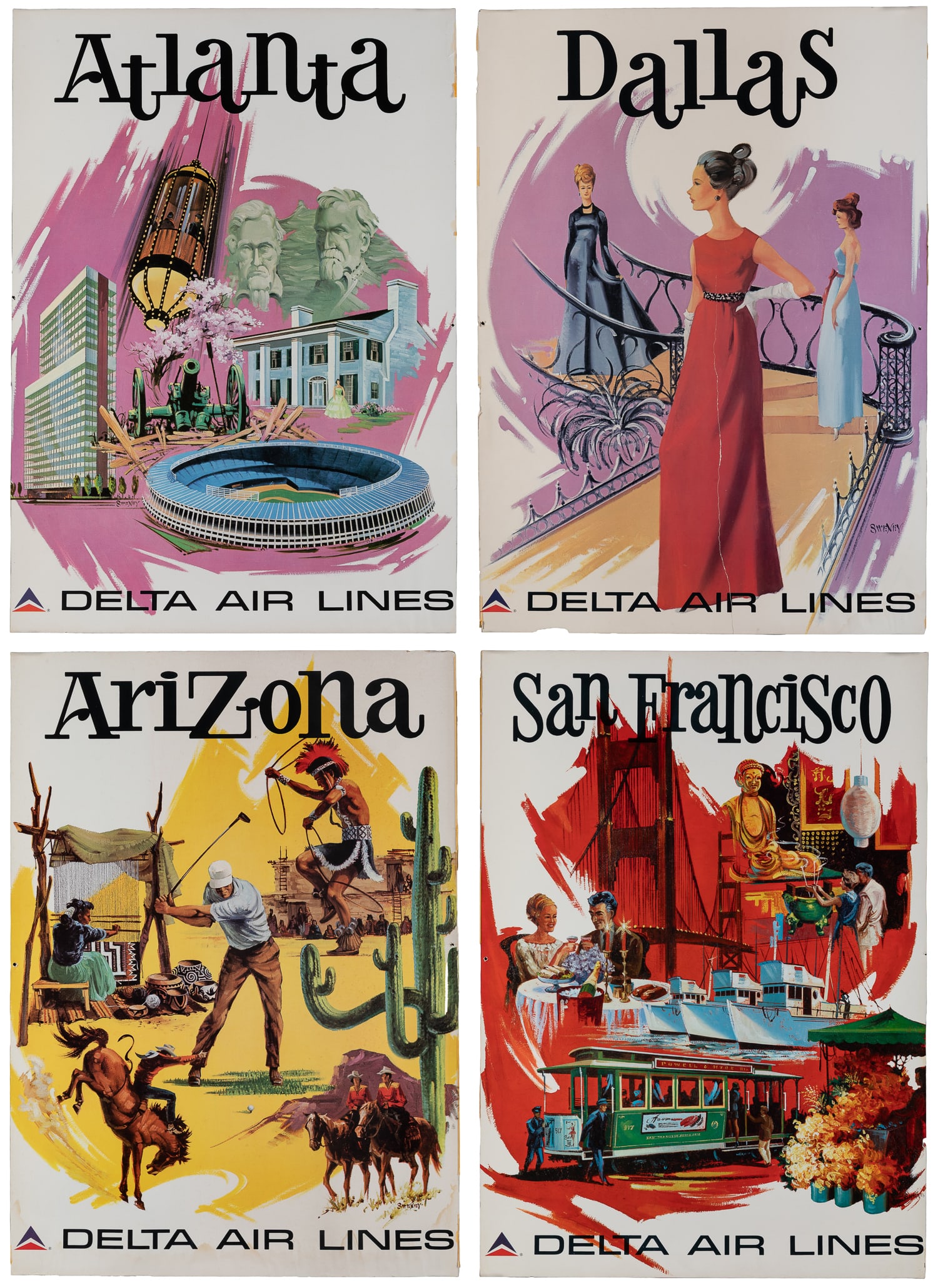 SWENEY, Fred (1912 - 1996). Four Delta Airlines posters.: SWENEY, Fred (1912 - 1996). Four Delta Airlines posters. Circa 1960s. Including: Dallas, Atlanta, San Francisco, and Arizona. Paper. Each approx. 28 x 20 1/8".