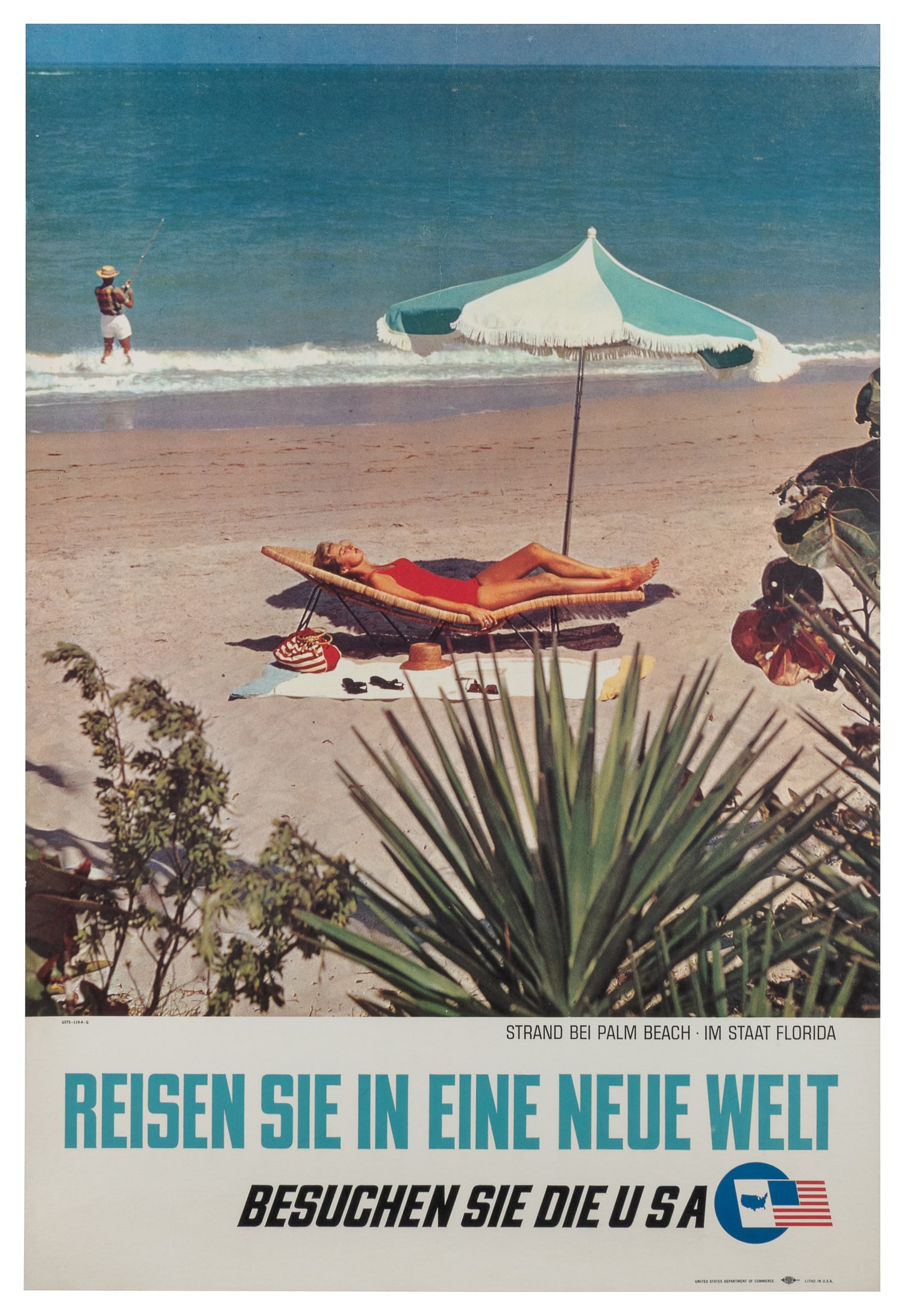 USA / Palm Beach.: USA / Palm Beach. Circa 1960s. German language poster published by the U.S. Department of Commerce, encouraging tourism to the United States. From a series featuring various locations. This features