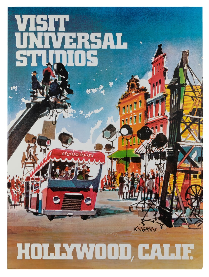 KINGMAN, Dong (1911 – 2000). Visit Universal Studios / Holl...: KINGMAN, Dong (1911 - 2000). Visit Universal Studios / Hollywood, Calif. 1978. Offset printed tourism poster advertising tours of Universal Studios, with an illustration of a tour bus moving past a