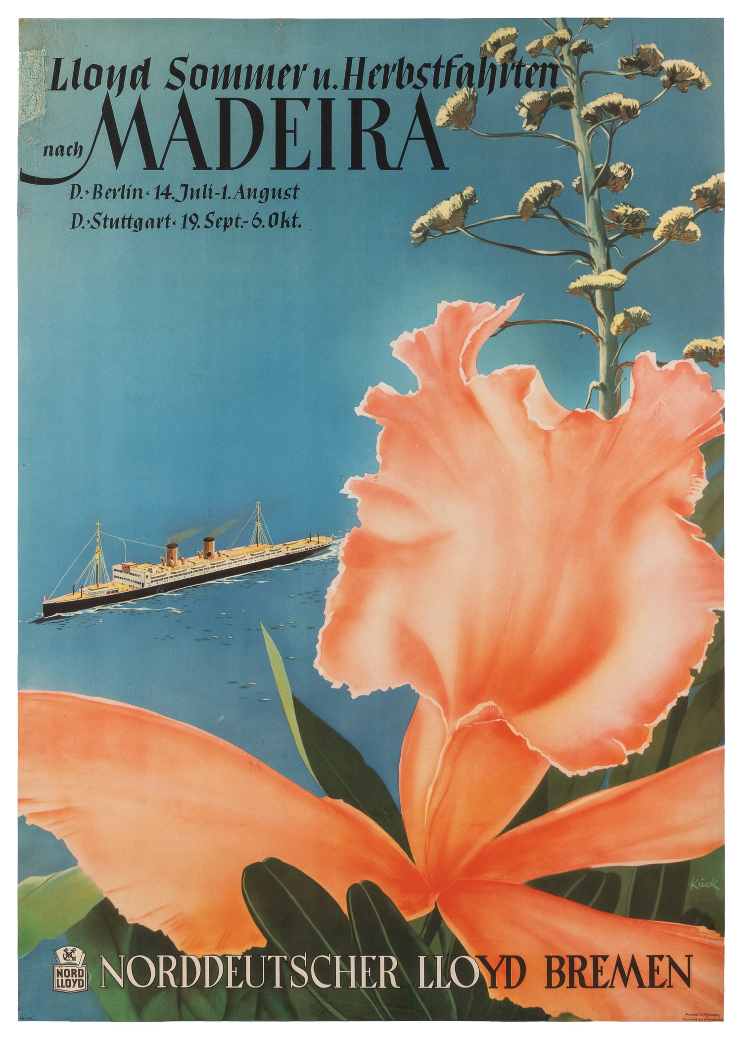 KUCK. Madeira / Norddeutscher Lloyd Bremen.: KUCK. Madeira / Norddeutscher Lloyd Bremen. Germany, ca. 1930s. Offset lithograph poster advertising summer and autumn cruises from Bremen to the island Madeira. Linen backed. 32 3/4 x 23".