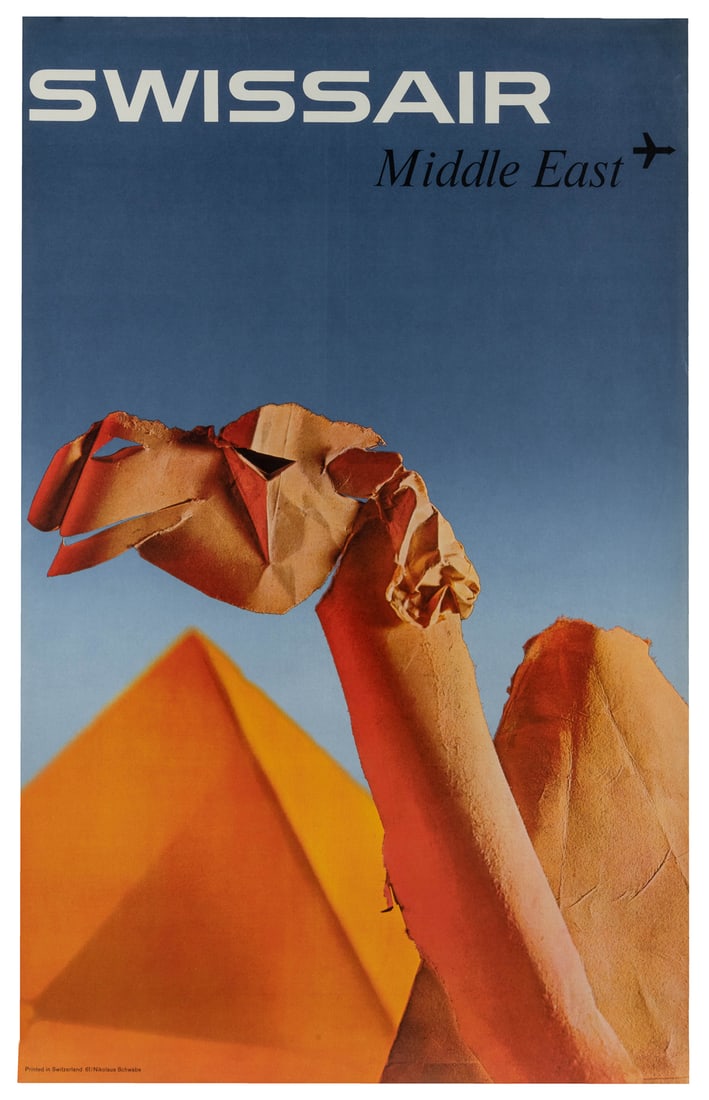 Swissair / Middle East.: Swissair / Middle East. Switzerland: Nikolaus Schwabe, ca. 1961. Airline poster depicting an origami camel against an Egyptian pyramid and deep blue sky. Paper. 39 1/2 x 25 1/4".