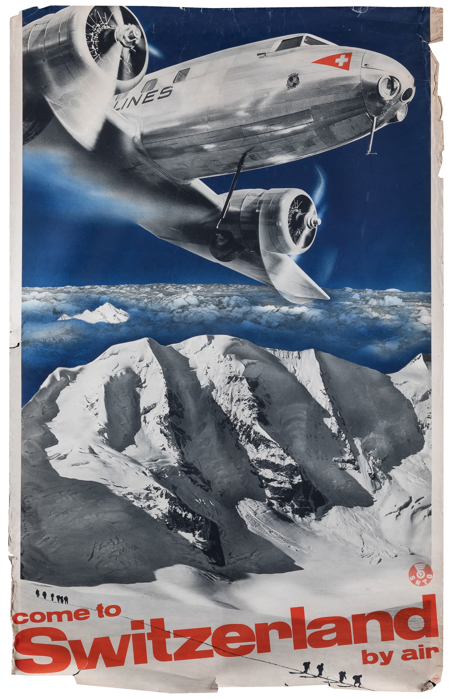 MATTER, Herbert (1907 - 1984). Come to Switzerland by Air. 1935.: MATTER, Herbert (1907 - 1984). Come to Switzerland by Air. 1935. [Zofingen]: Ringier. Lithograph poster for SNTO, a photomontage incorporating a Swiss Airlines Douglas DC-2, hikers, and a sweeping