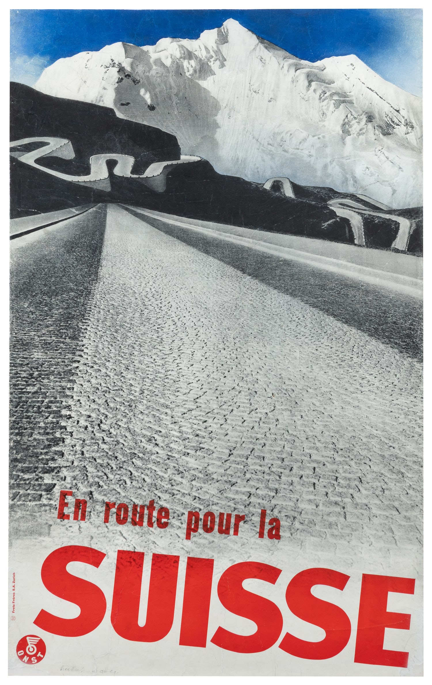 MATTER, Herbert (1907 – 1984). En Route Pour la Suisse. 1935.: MATTER, Herbert (1907 – 1984). En Route Pour la Suisse. 1935. Zurich: Fretz. Color offset lithograph photomontage poster. French language version (the English version reads “All Roads Lead