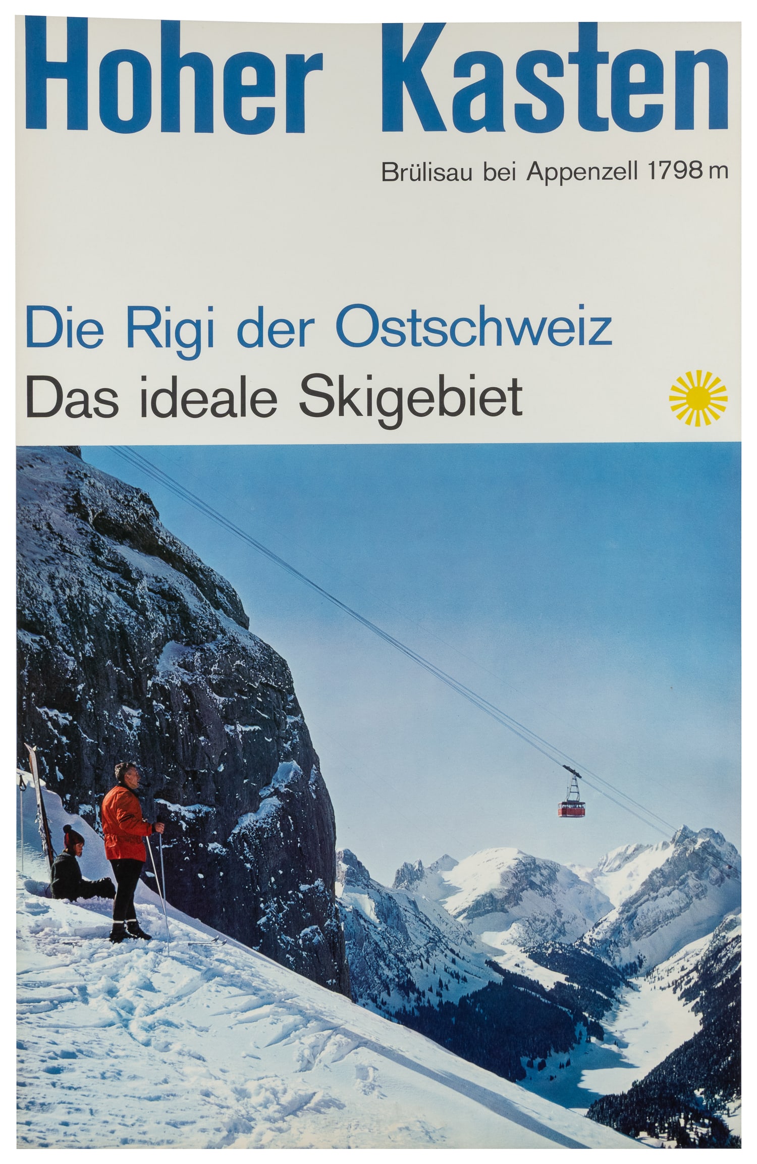 Hoher Kasten / Das Ideale Skigebiet.: Hoher Kasten / Das Ideale Skigebiet. Circa 1960s. Swiss ski tourism poster, in German, promoting Hoher Kasten as the "ideal ski resort." Linen backed. 40 x 25 1/2".