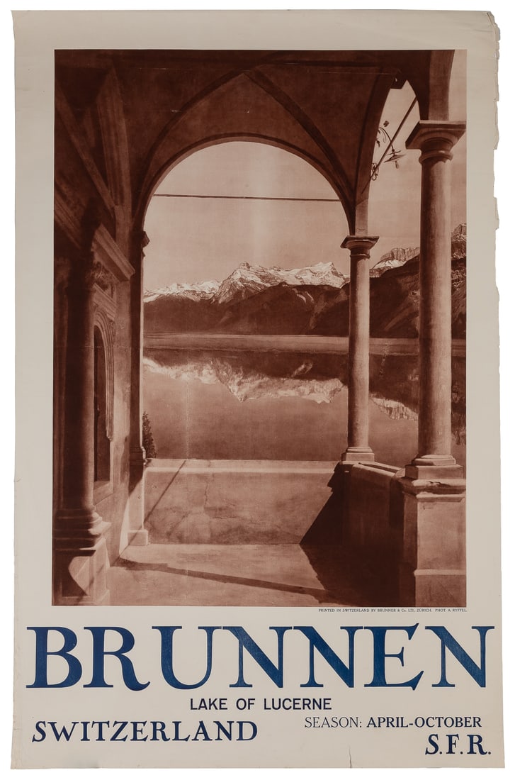 Brunnen / Lake of Lucerne / Switzerland. Zurich: Brunner & ...: Brunnen / Lake of Lucerne / Switzerland. Zurich: Brunner & Co. Ltd., ca. 1930s. Photo by A. Ryffel. Travel poster with a tinted image of the Swiss resort. Paper. 39 1/2 x 25".