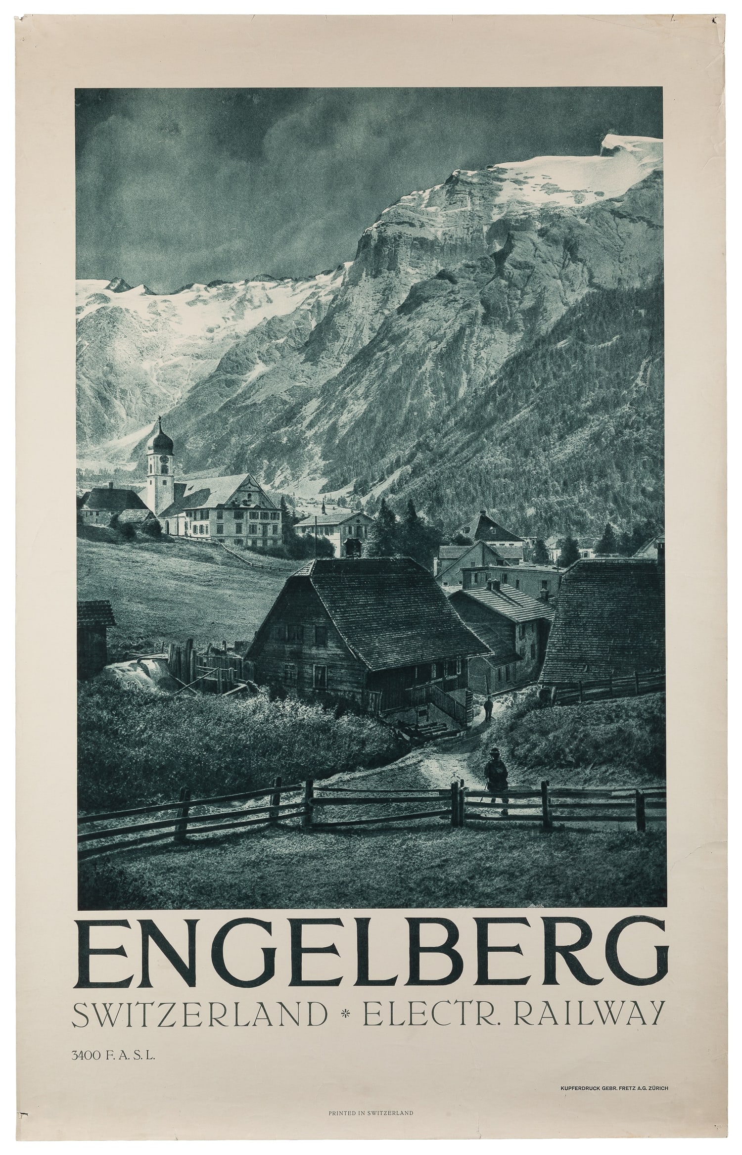 Engelberg / Switzerland Electric Railway.: Engelberg / Switzerland Electric Railway. Zurich: Fretz A.G., ca. 1930s. Photo offset tourism poster featuring a bucolic image of the alpine village. Paper. 39 3/4 x 25".