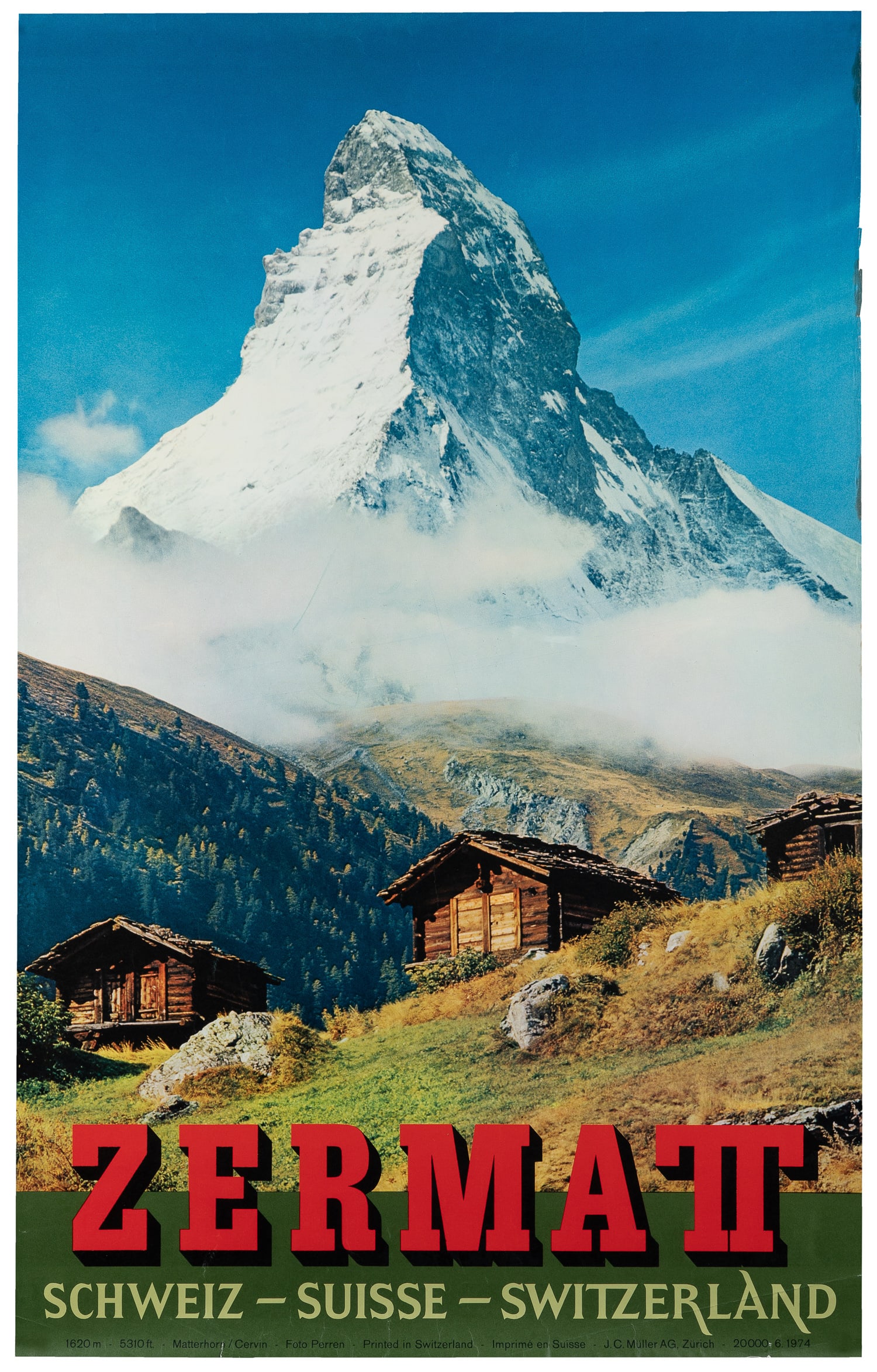Zermatt / Switzerland. 1974.: Zermatt / Switzerland. 1974. Zurich: J.C. Muller. Color photographic poster; photograph by Perren. Paper. 40 x 25".