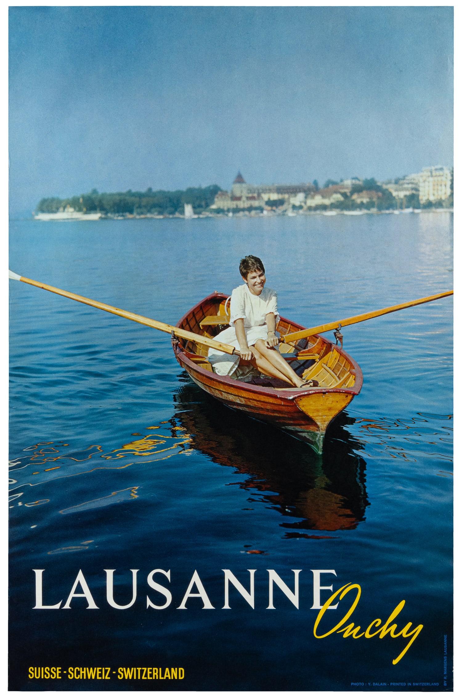 Lausanne-Ouchy / Switzerland.: Lausanne-Ouchy / Switzerland. Lausanne: R. Marsens, ca. 1960s. Tourism poster, after a photo by Y[ves] Dalain. Paper. 39 1/4 x 25 1/2".