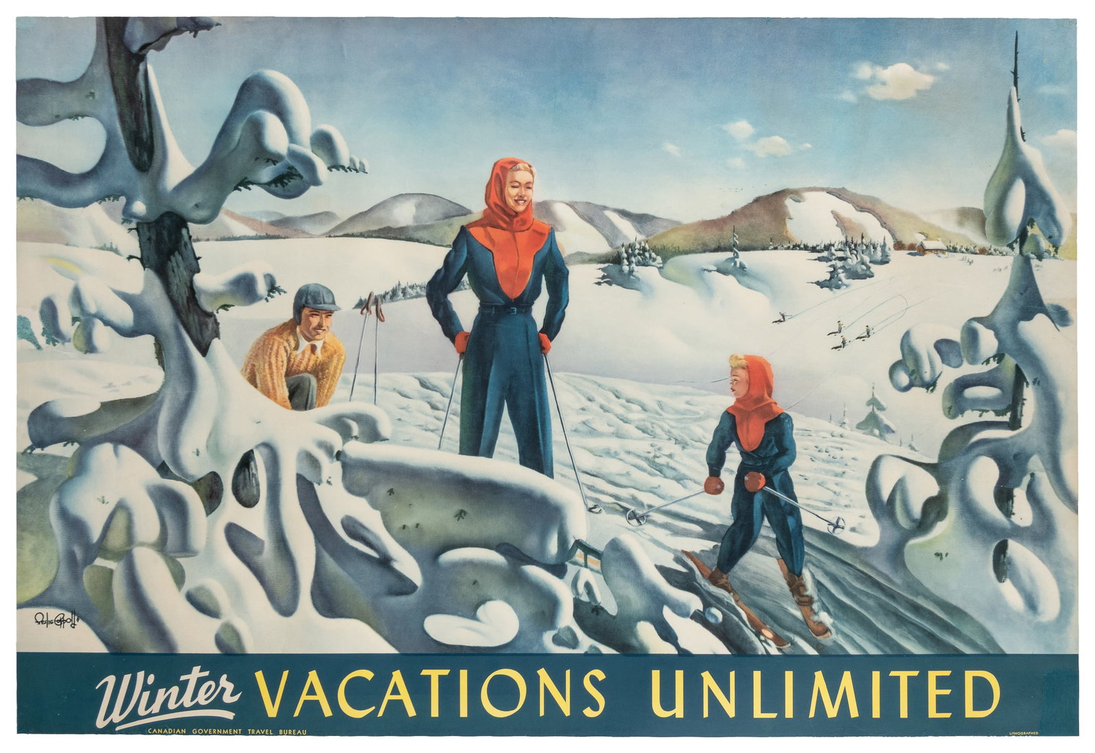 COPPOLD, Leslie (1914 - 2007). Winter Vacations Unlimited / Canada. 1947.: COPPOLD, Leslie (1914 - 2007). Winter Vacations Unlimited / Canada. 1947. Lithograph poster for the Canadian Government Travel Bureau, featuring a vast snow-covered Canadian landscape with a family of