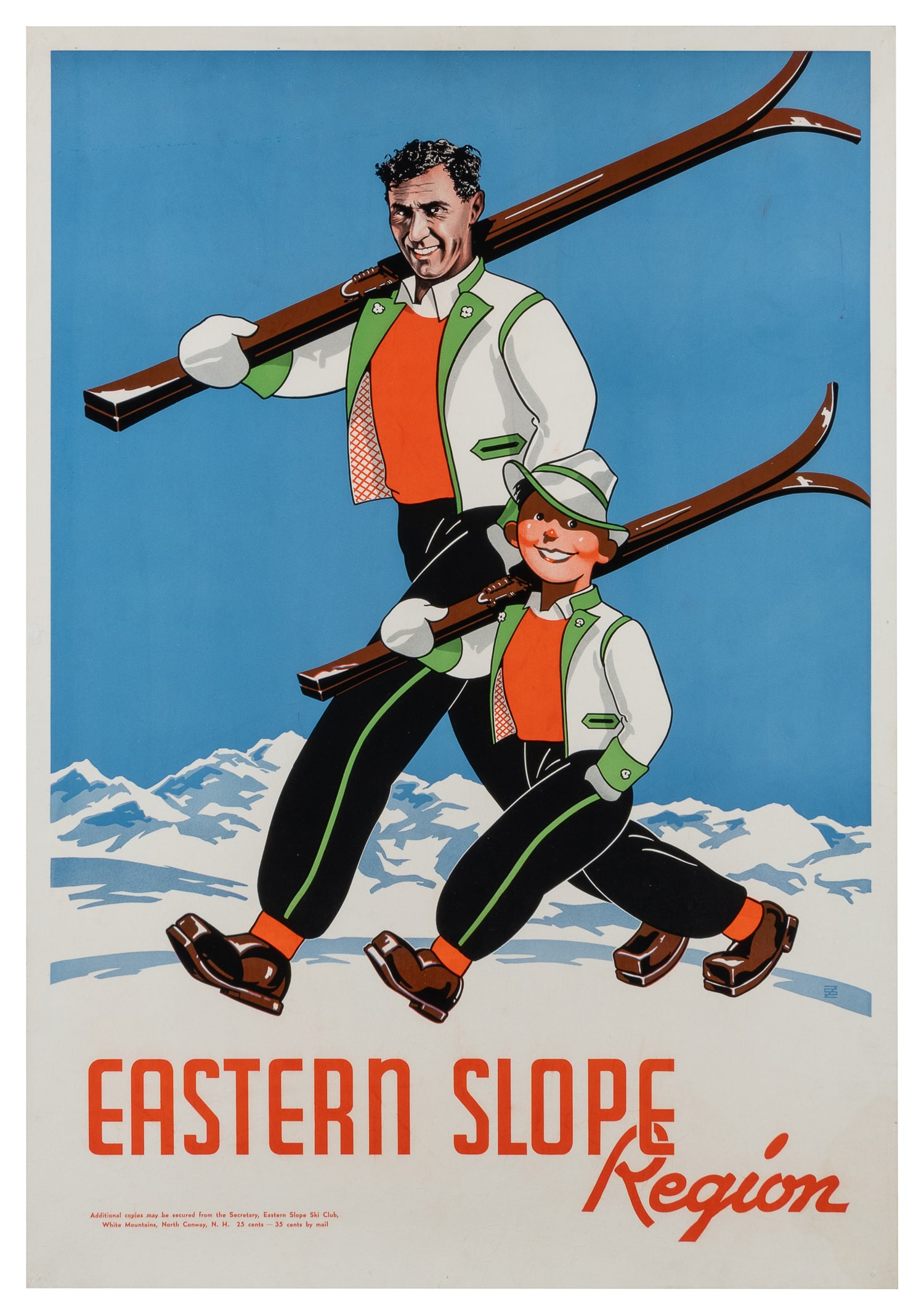 Eastern Slope Region / [White Mountains, NH].: Eastern Slope Region / [White Mountains, NH]. Circa 1930s. Poster from the Eastern Slope Ski Club, depicting a father and con carrying wooden skis on their shoulders, dressed in matching clothes. Line