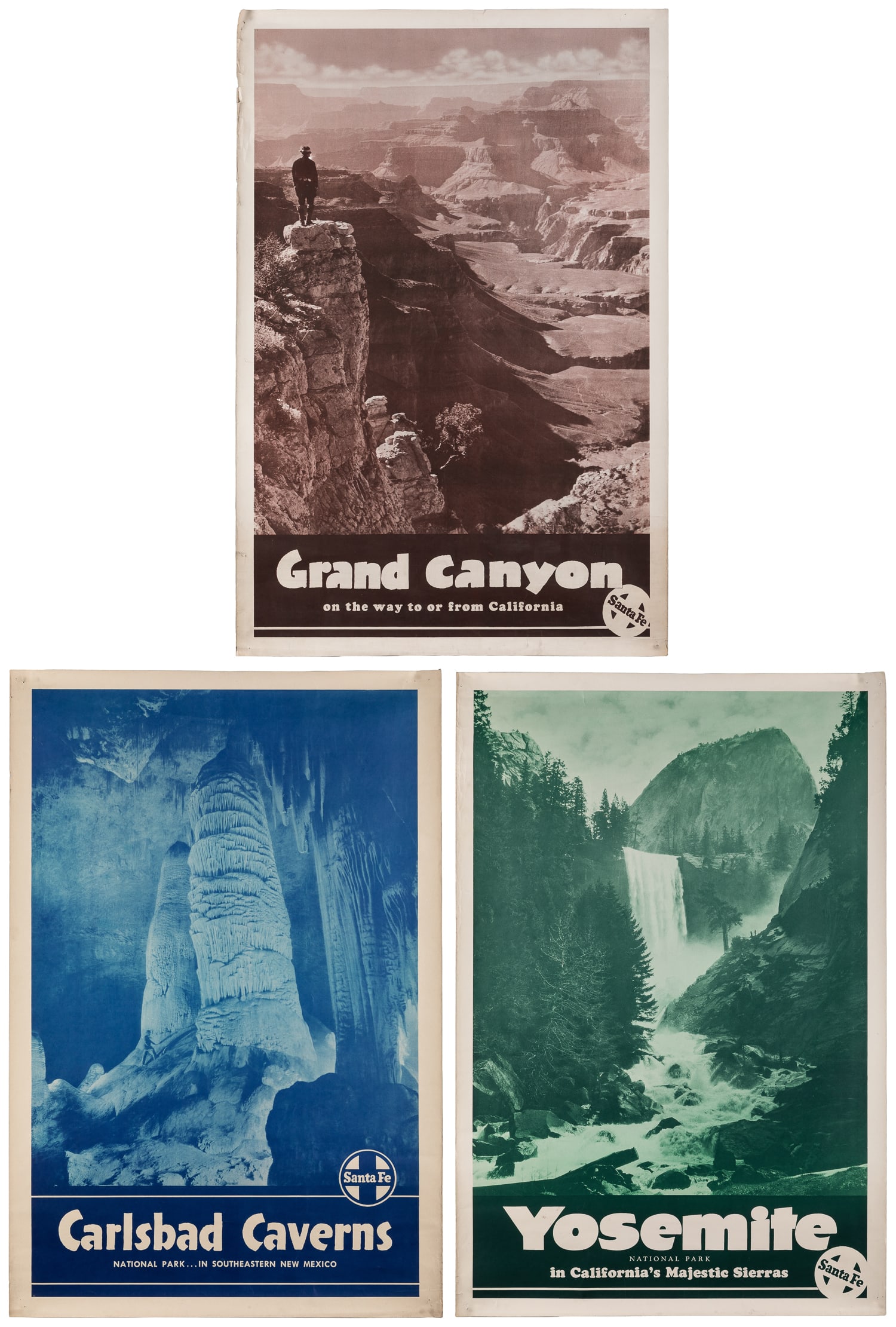 Santa Fe. Three travel posters.: Santa Fe. Three travel posters. Circa 1940s. Posters advertising travel by rail to three national parks. Includes: Carlsbad Caverns, Grand Canyon, and Yosemite. All paper. Size each approx. 36 x 24".