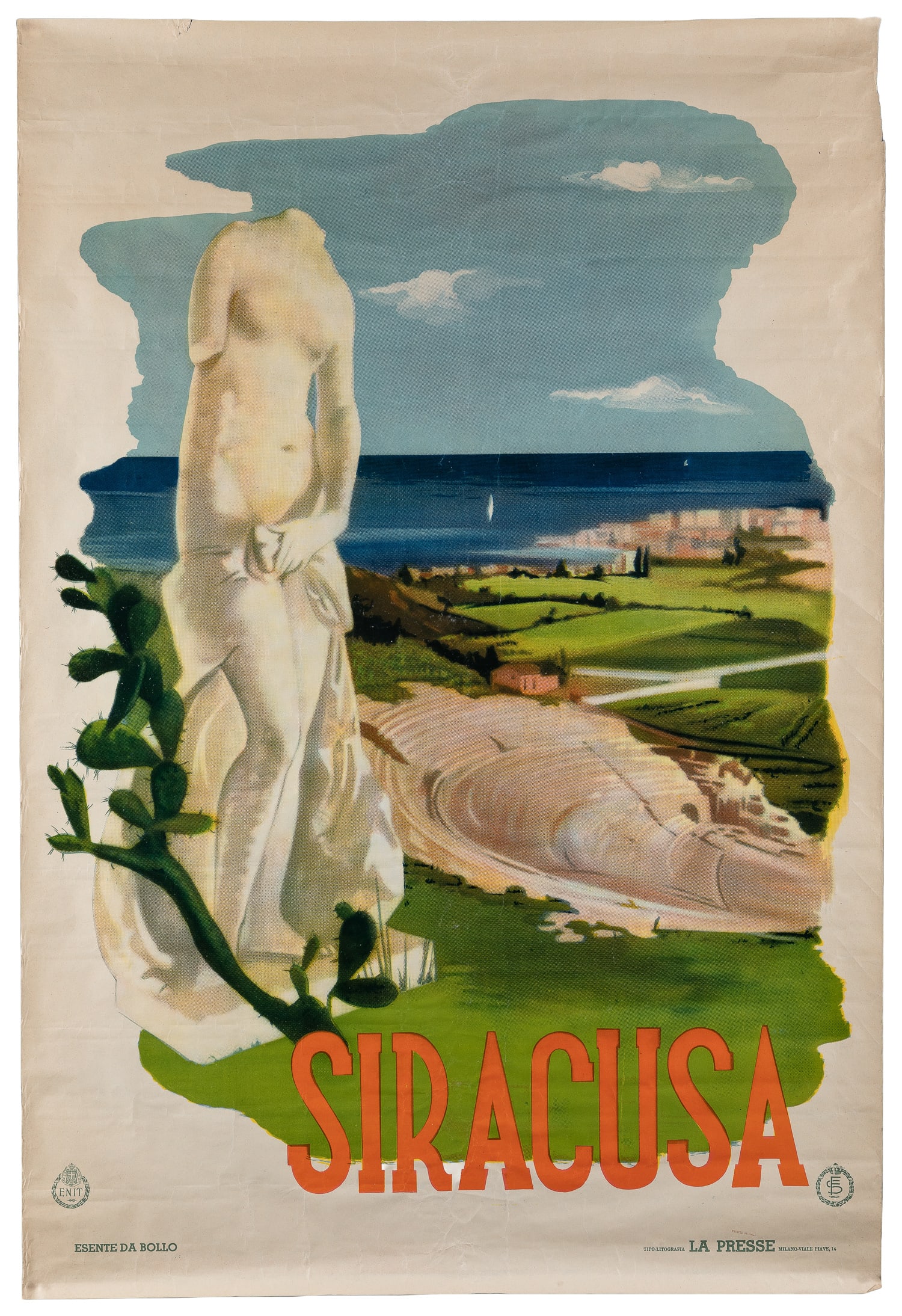 Siracusa / ENIT.: Siracusa / ENIT. Milan: La Presse, ca. 1930s. Offset lithograph tourism poster promoting Siracusa in Sicily, depicting an ancient sculpture and amphitheater, the Mediterranean Sea with a sailboat, a v