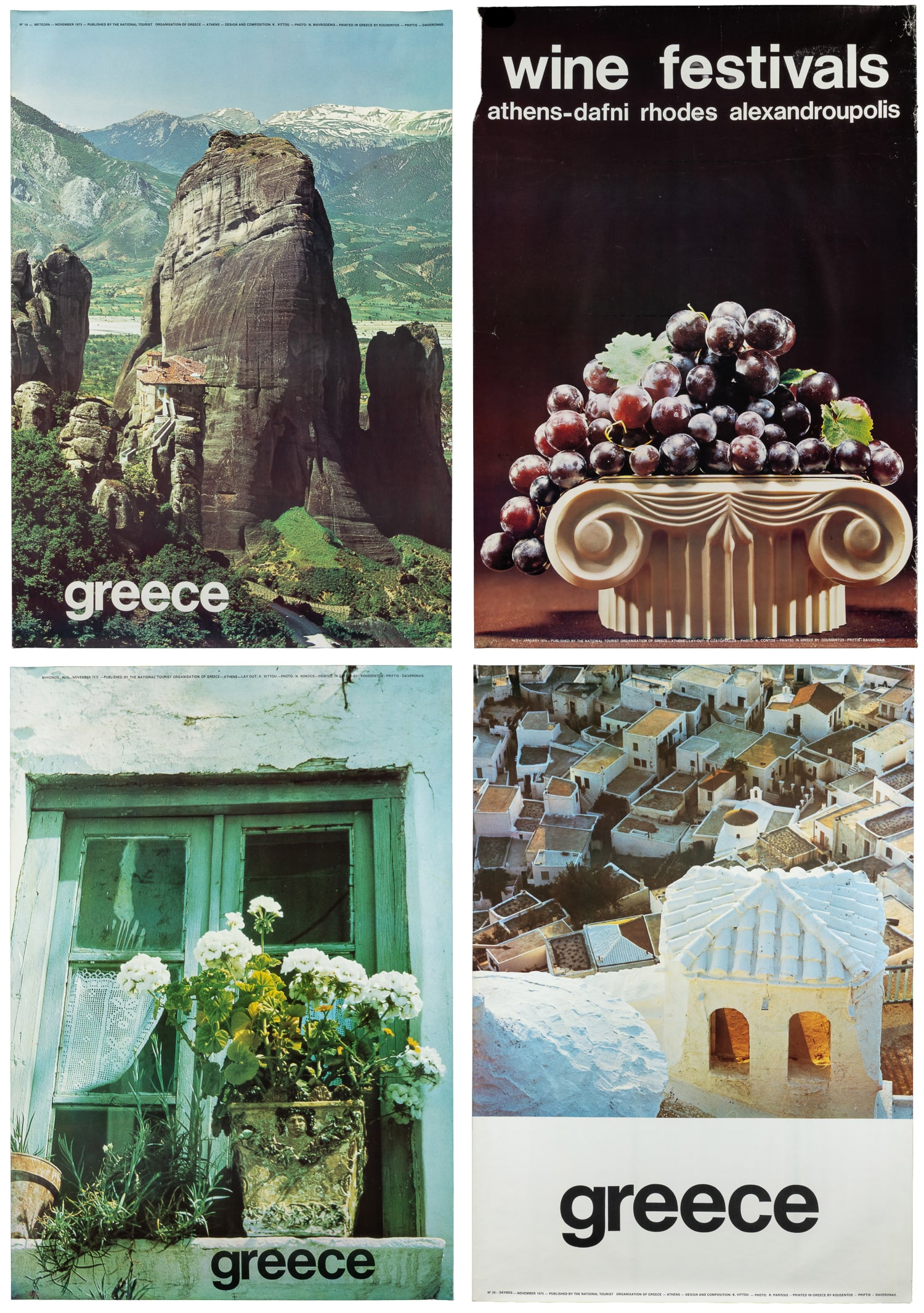 Greece. Four tourism posters.: Greece. Four tourism posters. 1970s. Includes: Meteora; Wine Festivals; Mykonos; and Skyros. All published by the National Tourist Organisation of Greece, with various photography and design credits. 