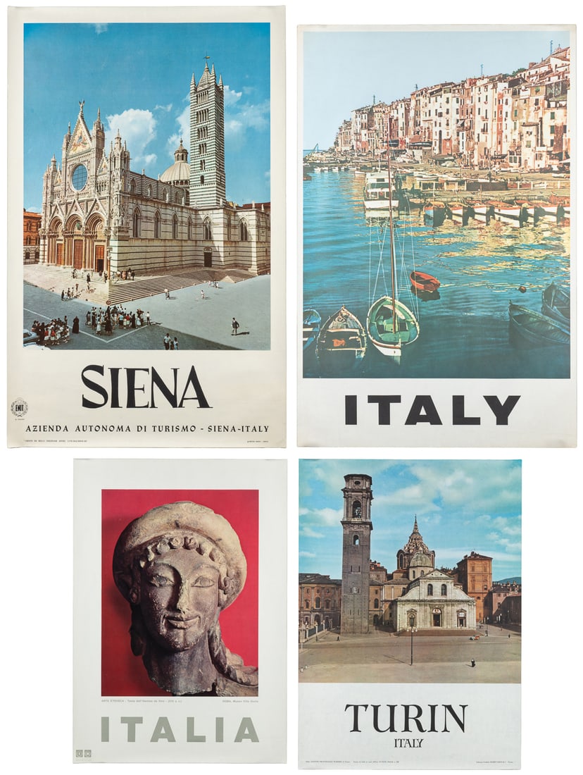 [ITALY]. Group of 8 tourism posters, and one map.: [ITALY]. Group of 8 tourism posters, and one map. V.p., ca. 1950s-60s. Tourism posters, four by ENIT. Includes Turin (2 different), Italia (Arte Etrusca), Roma (Ept di Roma), Italia (Riviera di Triest