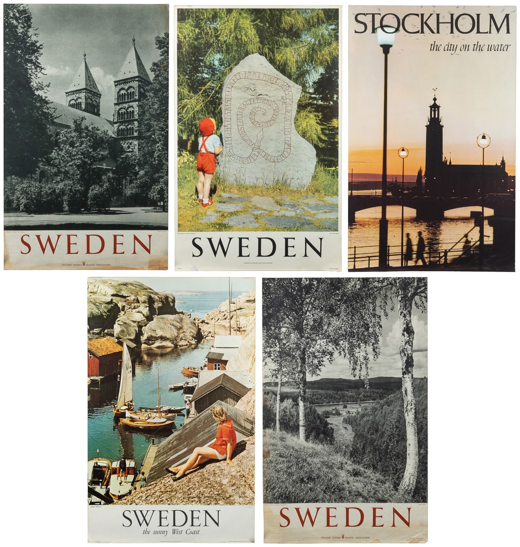 Sweden. Seven tourism posters.: Sweden. Seven tourism posters. Circa 1960s. Tourism posters issued by the Swedish Tourist Traffic Association, advertising various cities, villages, and landmarks. All paper. Generally 39 x 25" or sli