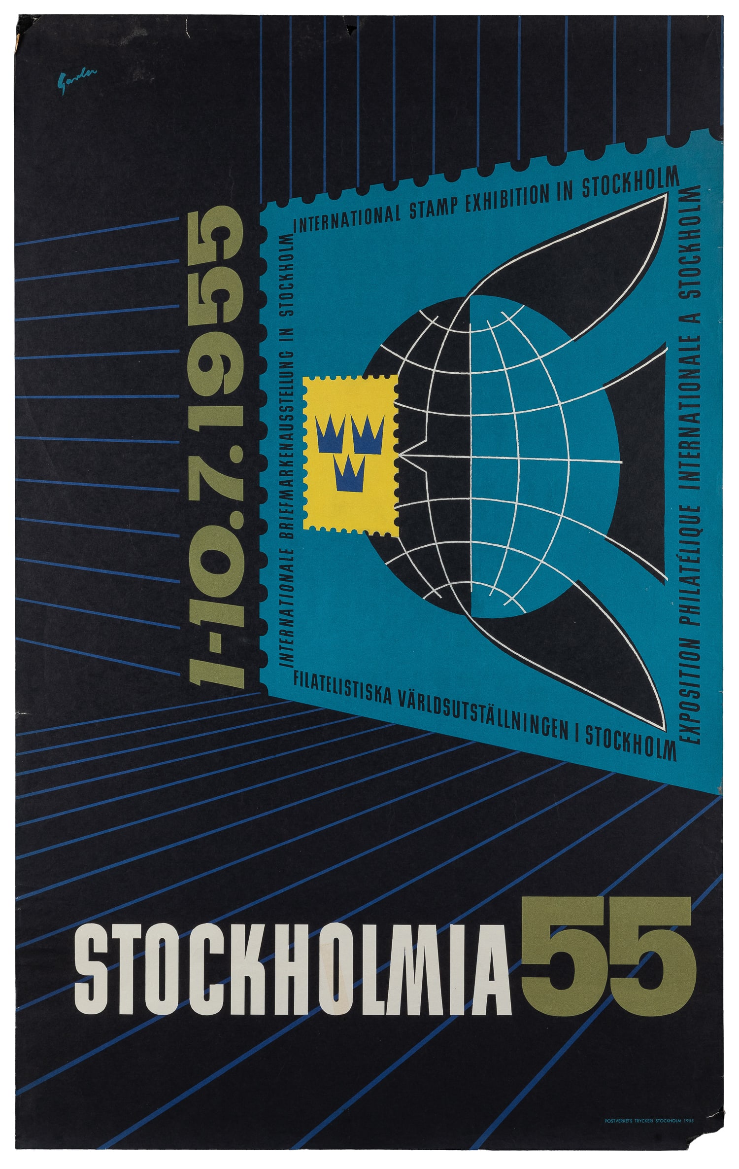 GAVLER, Martin (1915 - 1986). Stockholmia 55 / International Stamp Exhibition in Stockholm.: GAVLER, Martin (1915 - 1986). Stockholmia 55 / International Stamp Exhibition in Stockholm. Stockholm: Tryckeri. Offset lithograph poster advertising the philatelic exhibition with a bold mid-century 