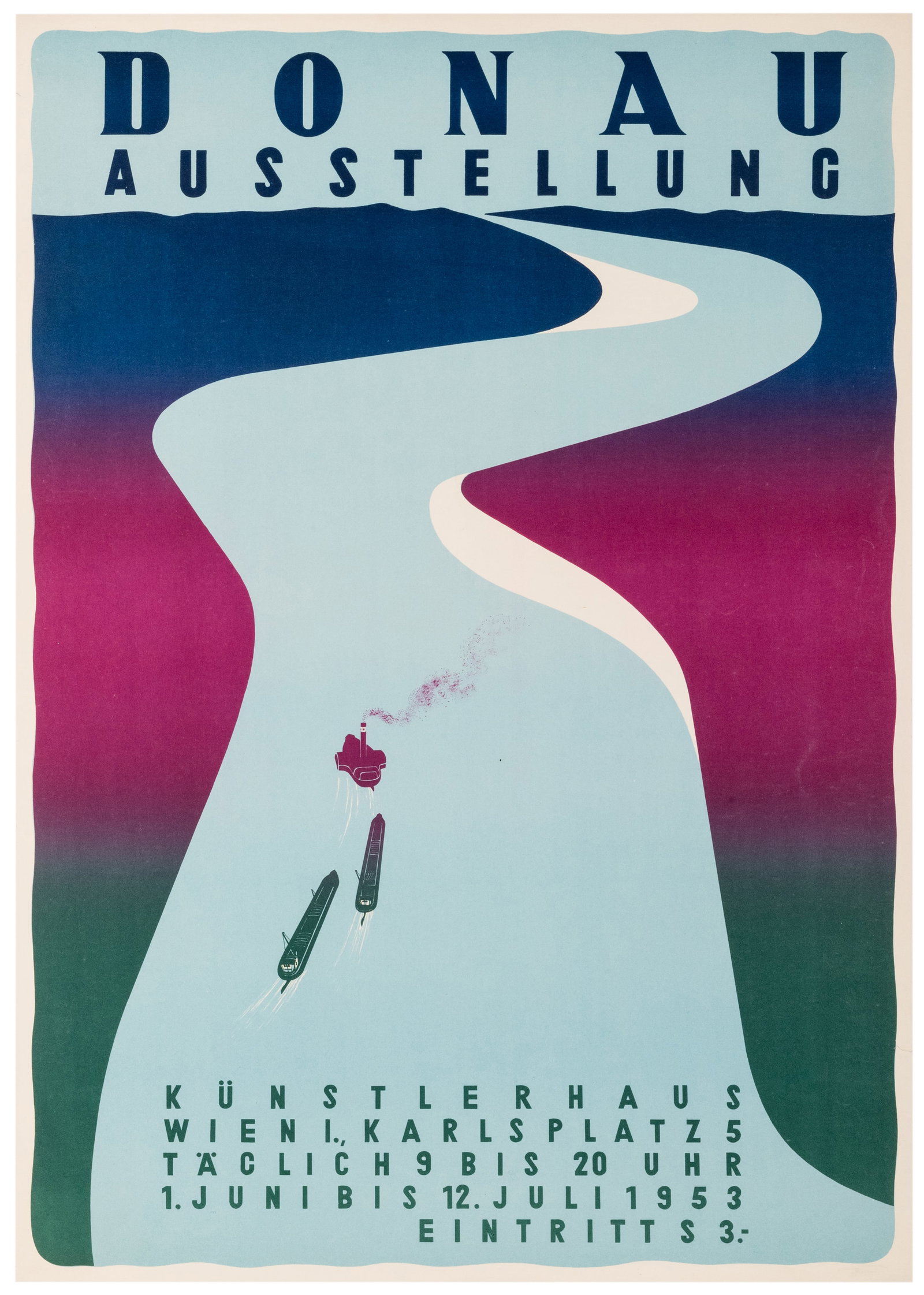 Donau / Ausstellung. 1953.: Donau / Ausstellung. 1953. Color lithograph poster. Linen backed. 33 x 23”.