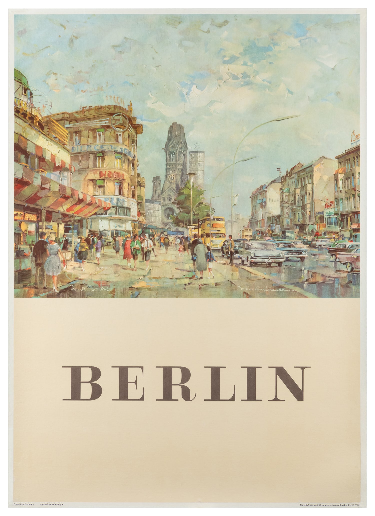 BARTSCH, Reinhard (1925 - 1990). Berlin.: BARTSCH, Reinhard (1925 - 1990). Berlin. Berlin: August Raabe, ca. 1960s. Travel poster featuring a charming mid-century illustration of the city's buzzing Kurfurstendamm boulevard. Linen backed. 33 x