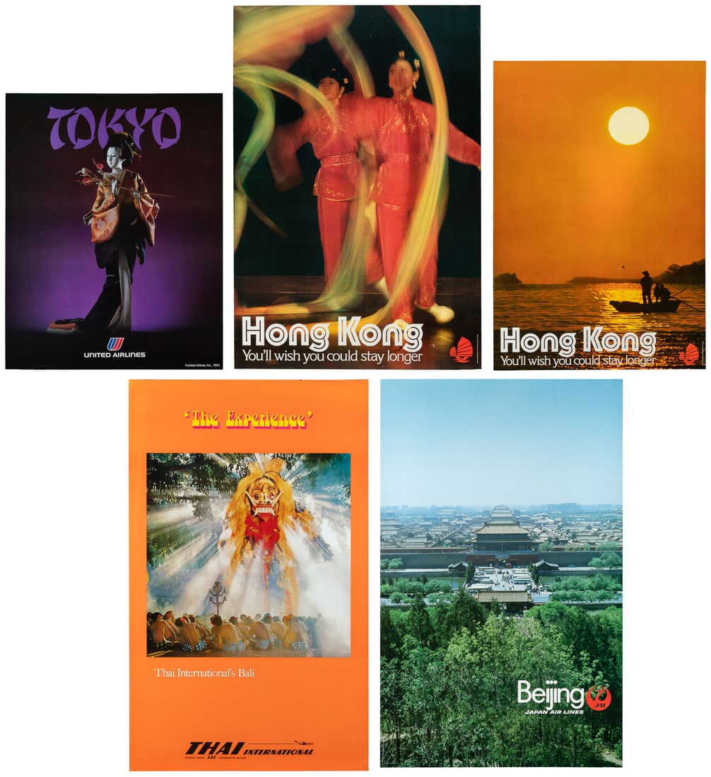 [ASIAN TRAVEL]. Group of 10 posters.: [ASIAN TRAVEL]. Group of 10 posters. Circa 1970s-80s. Including: Singapore / Come Share Our World. Japan Air Lines / Beijing. Thai International / Bali. Fly CAL / Taiwan. Hong Kong / You'll Wish You C