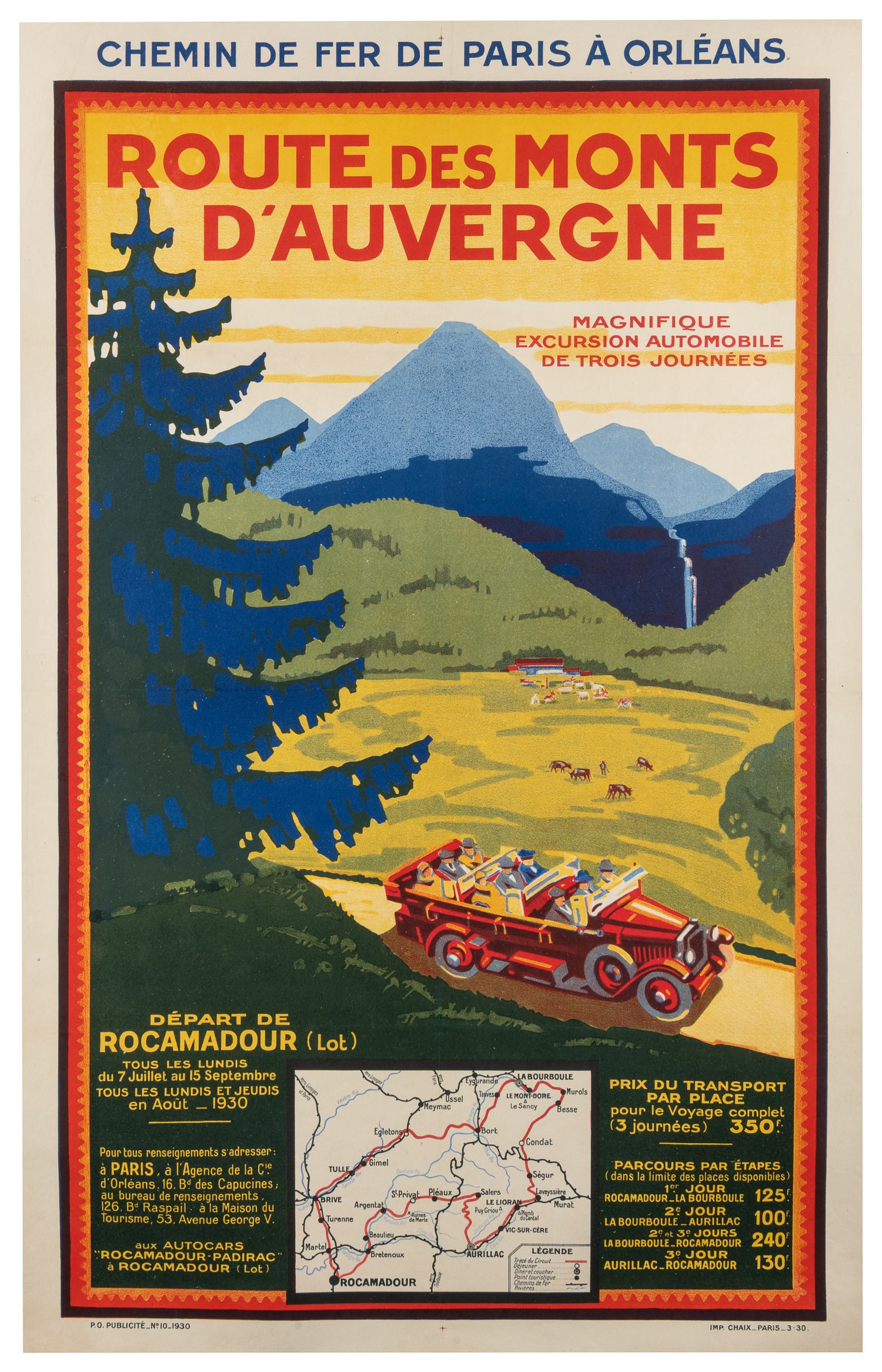 Route des Monts D'Auvergne. 1930.: Route des Monts D'Auvergne. 1930. Paris: Chaix. Color stone lithograph poster advertising motorcar tours through the mountains of Auvergne. Details and route map printed below the image of an car