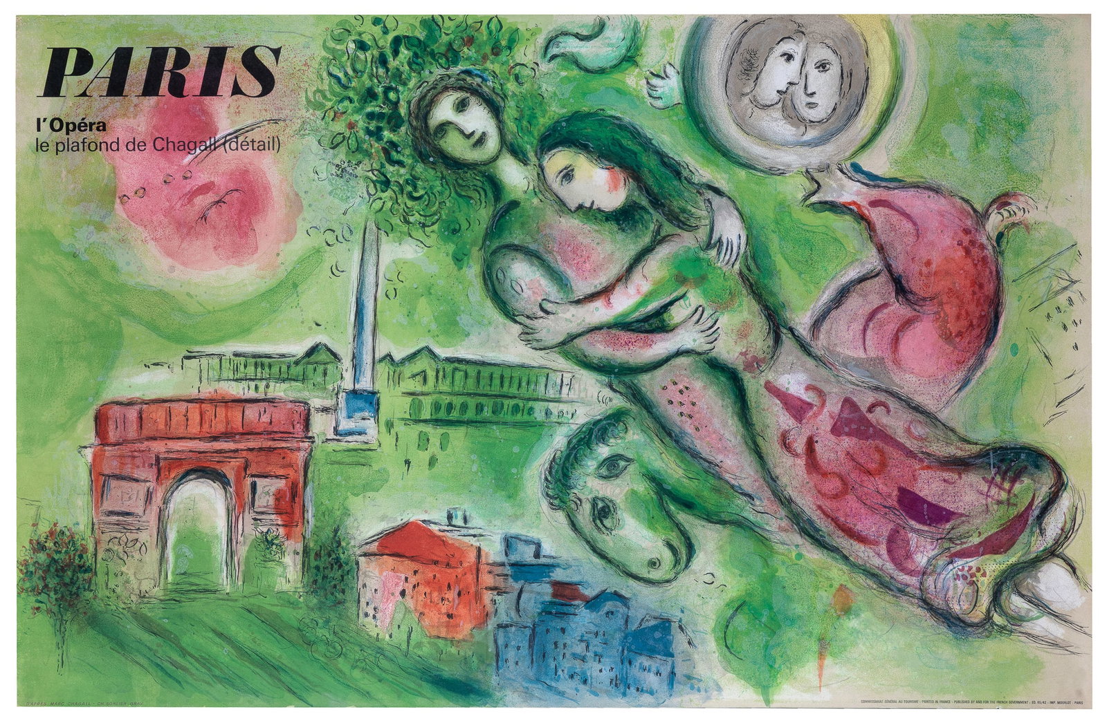 CHAGALL, Marc (1887 - 1985). Paris / L'Opera. 1965.: CHAGALL, Marc (1887 - 1985). Paris / L'Opera. 1965. Paris: Imp. Mourlot; Ch. Sorlier Grav. French Government tourism poster, color lithograph after Chagall's "Romeo and Juliet." From an edition of 5,0
