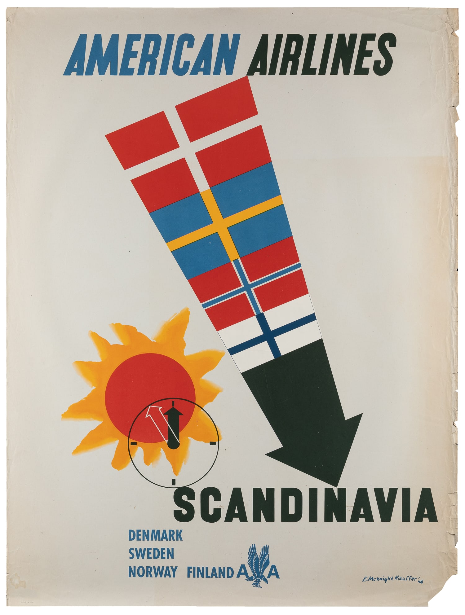KAUFFER, Edward McKnight (1890 - 1954). American Airlines / Scandinavia. 1948.: KAUFFER, Edward McKnight (1890 - 1954). American Airlines / Scandinavia. 1948. Travel poster with a large arrow composed of the flags of Scandinavian countries (Denmark, Sweden, Finland, Norway), and 