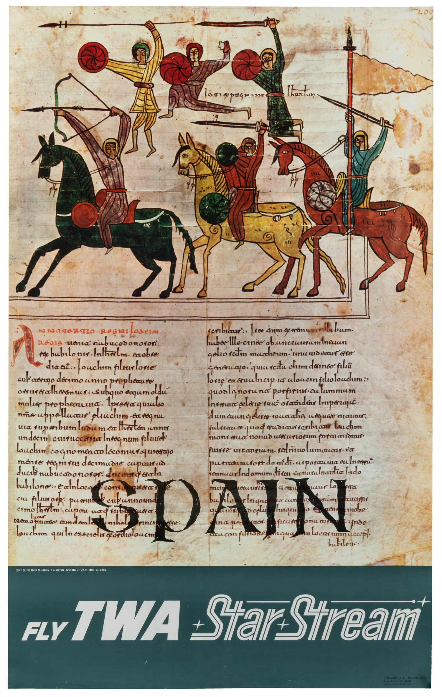 Spain / Fly TWA Star Stream. 1962.: Spain / Fly TWA Star Stream. 1962. Travel poster with a detail of the eleventh century Codex of the Beato de Liebana held at the Cathedral at Seo de Urgel, Catalonia. Paper. 39 1/2 x 24 1/4".