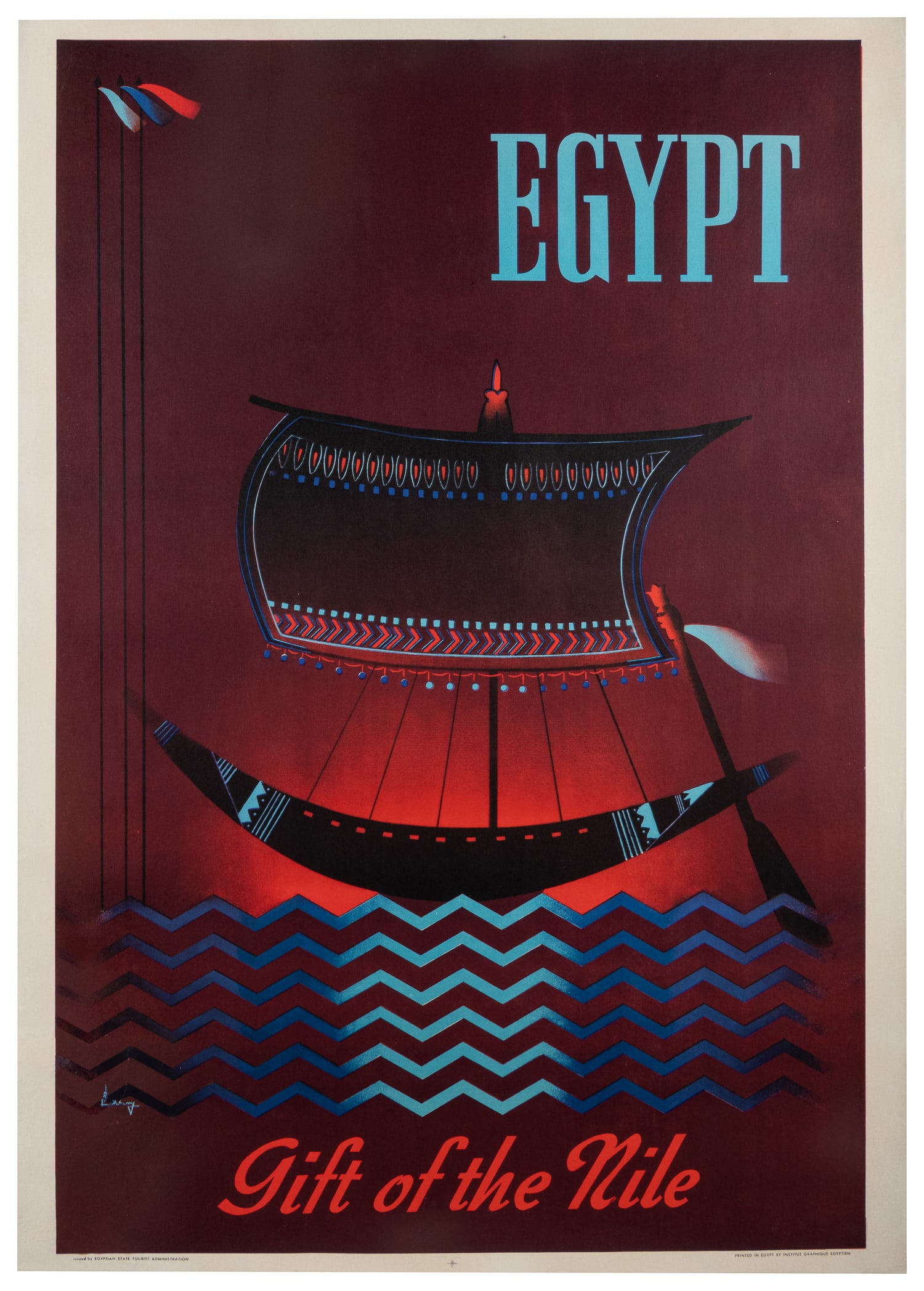 AZMY, Ismael M. Egypt / Gift of the Nile.: AZMY, Ismael M. Egypt / Gift of the Nile. Institut Graphique Egyptien, ca. 1950s. Poster published by the Egyptian State Tourism Administration with a dramatic design of a boat on the Nile. The