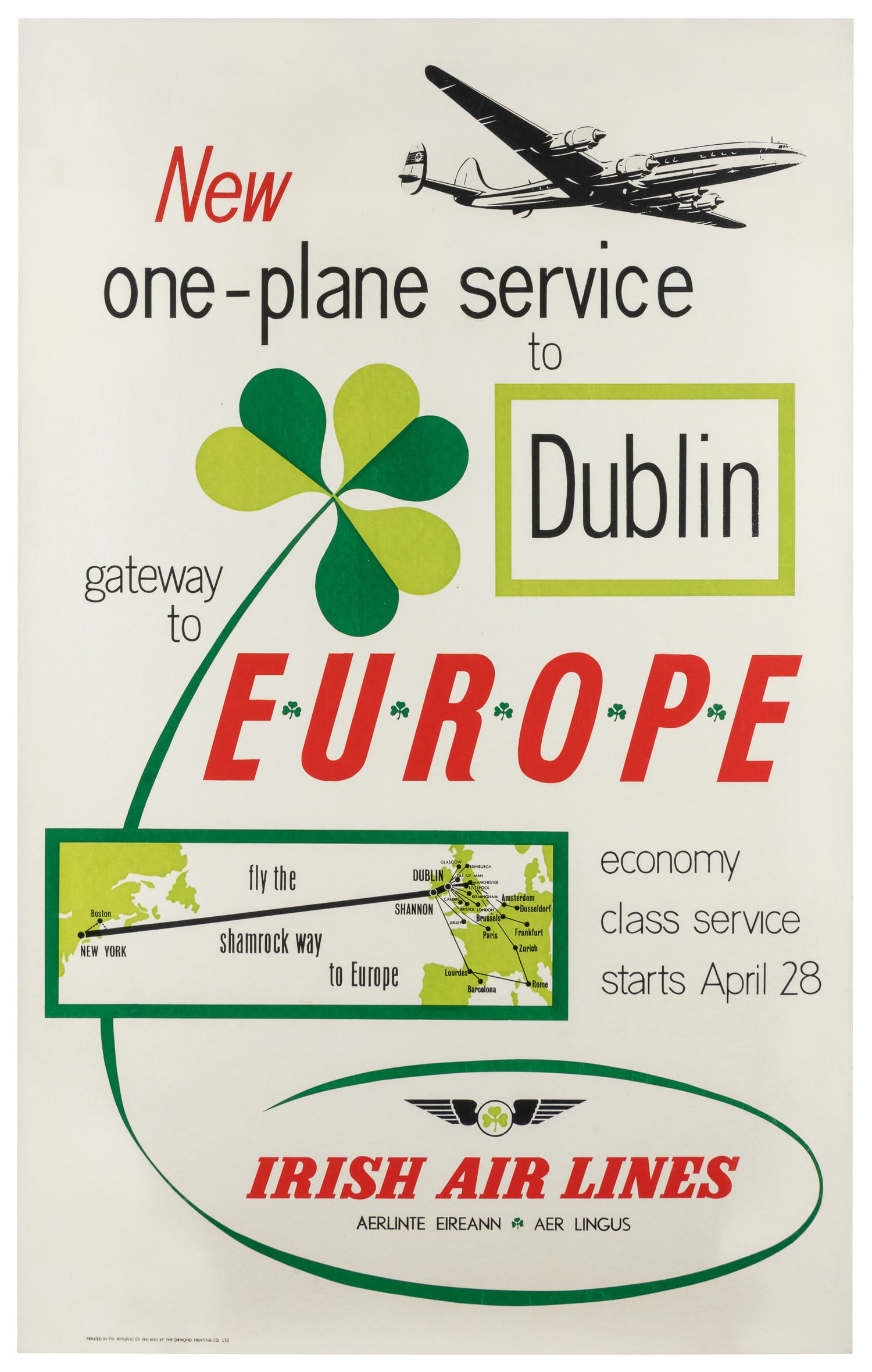 Irish Air Lines / Dublin.: Irish Air Lines / Dublin. Ormond Printing Co., ca. 1950s. Airline poster featuring an Irish clover design, propeller plane, and inset route map advertising "the shamrock way to Europe." Linen backed.