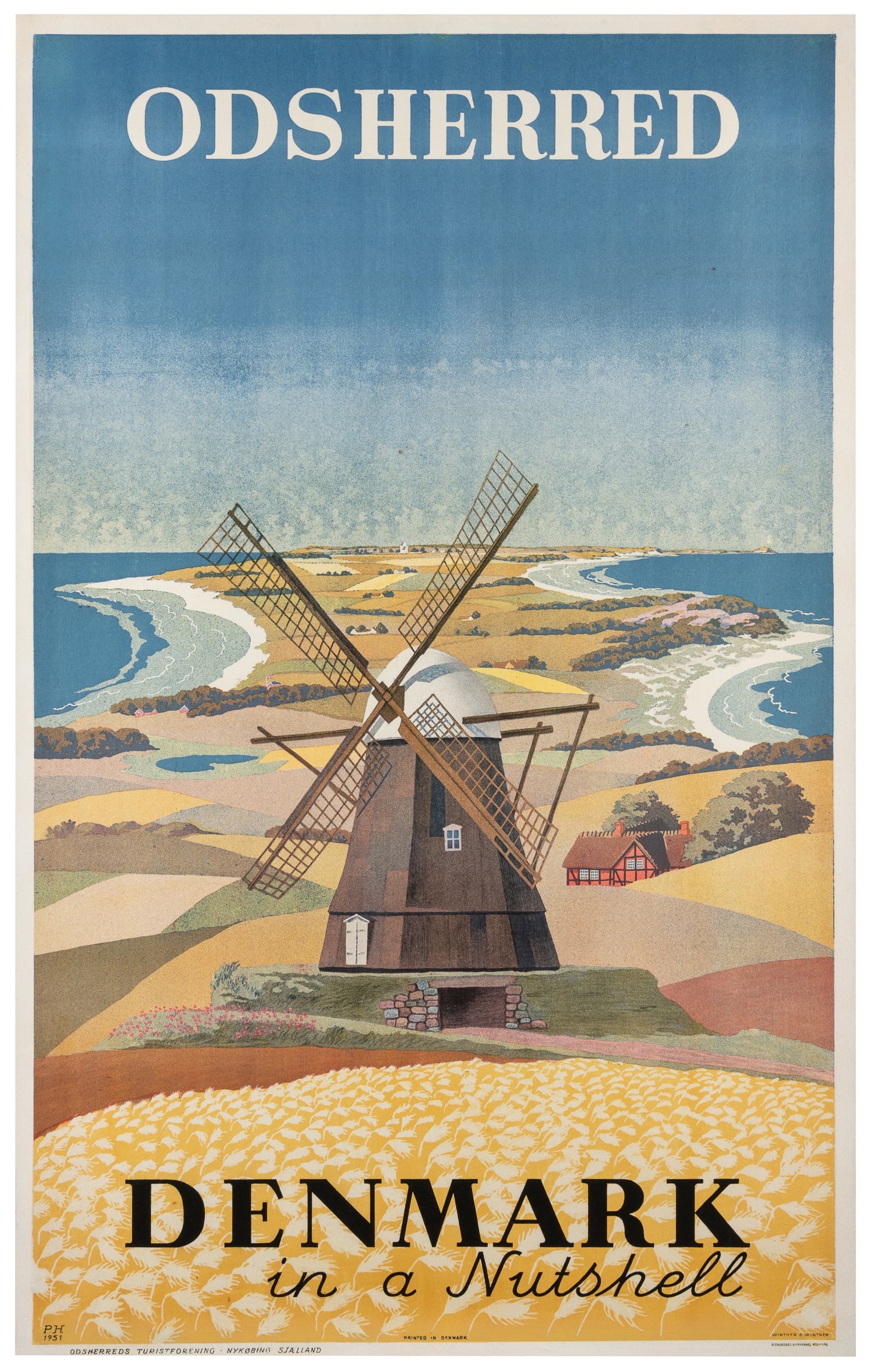 PH. Denmark in a Nutshell / Odsherred. 1951.: PH. Denmark in a Nutshell / Odsherred. 1951. Denmark: Winther & Winther. Color lithograph tourism poster with an illustration of this peninsula featuring a windmill in the foreground. Linen backed. 39