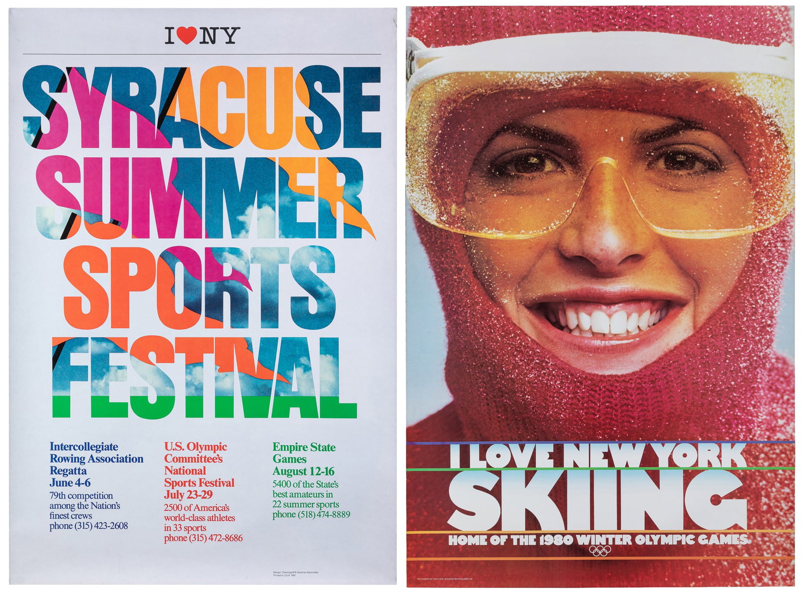 Two I Love New York Sports Posters. 1980/1981.: Two I Love New York Sports Posters. 1980/1981. Including: GLASER, Milton. I Love New York Skiing / Home of The 1980 Winter Olympic Games. Paper. 36 x 24". I Love NY / Syracuse Summer Sports Festival. 