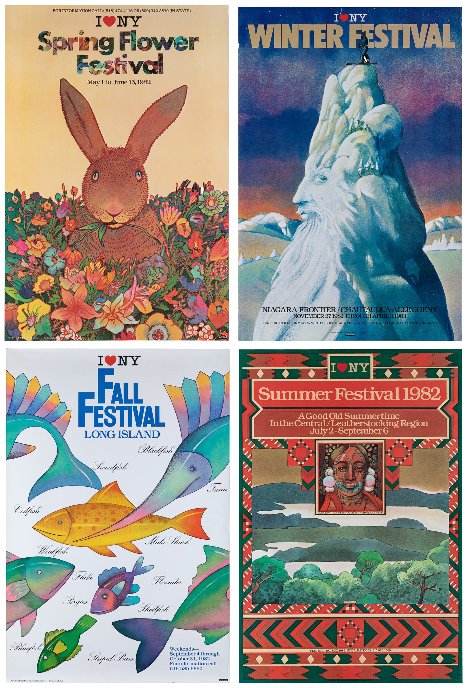 GLASER, Milton (1929-2020). I Love New York 1982 Festival Posters. 1982. USA: New York State: GLASER, Milton (1929-2020). I Love New York 1982 Festival Posters. 1982. USA: New York State Department of Commerce. Four posters promoting the seasonal I Love New York Festivals of 1982. Paper. 36 x 