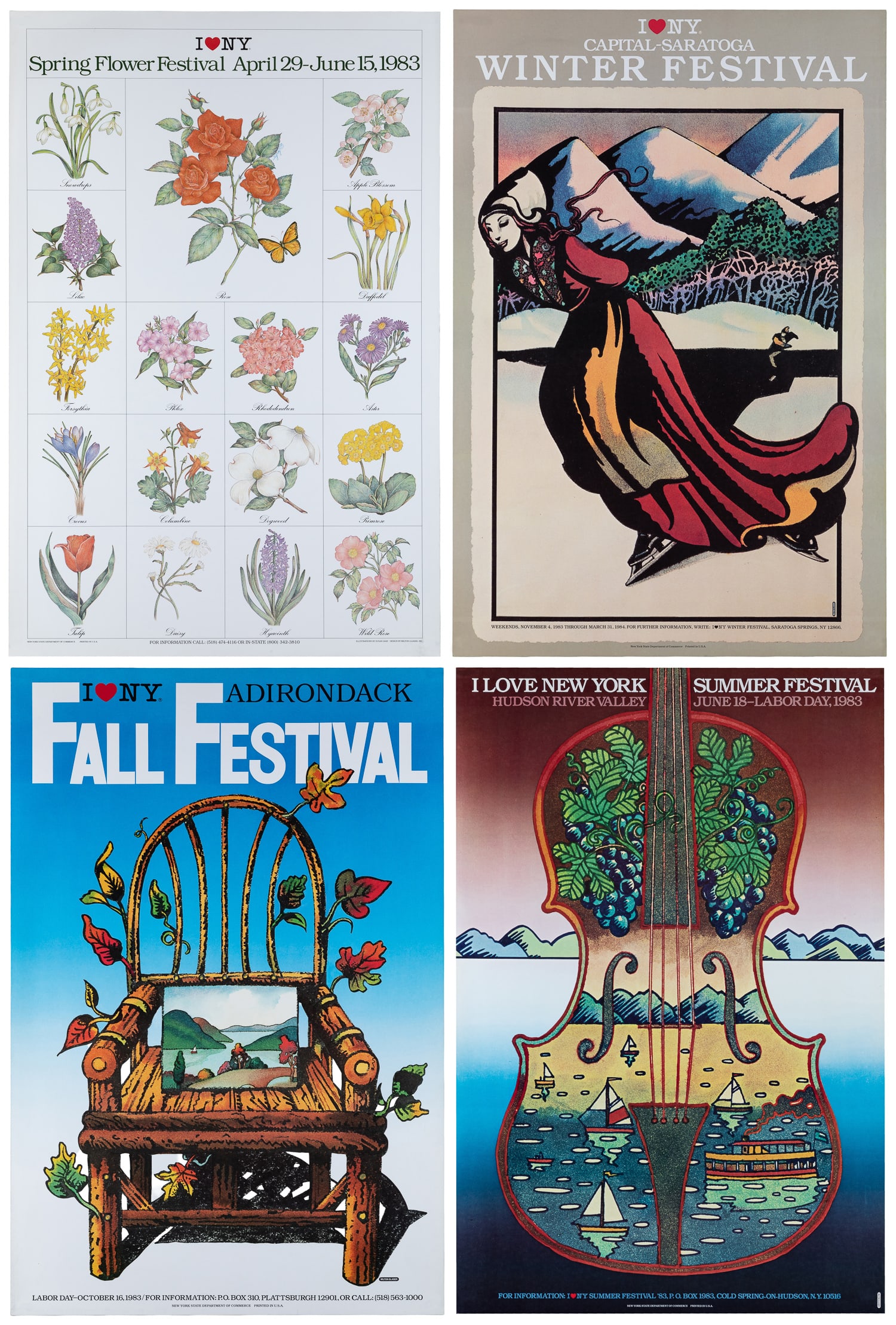 GLASER, Milton (1929-2020). I Love New York 1983 Festival Posters. 1983. New York: New York State: GLASER, Milton (1929-2020). I Love New York 1983 Festival Posters. 1983. New York: New York State Department of Commerce. Four posters promoting the seasonal I Love New York Festivals of 1983. Paper. 