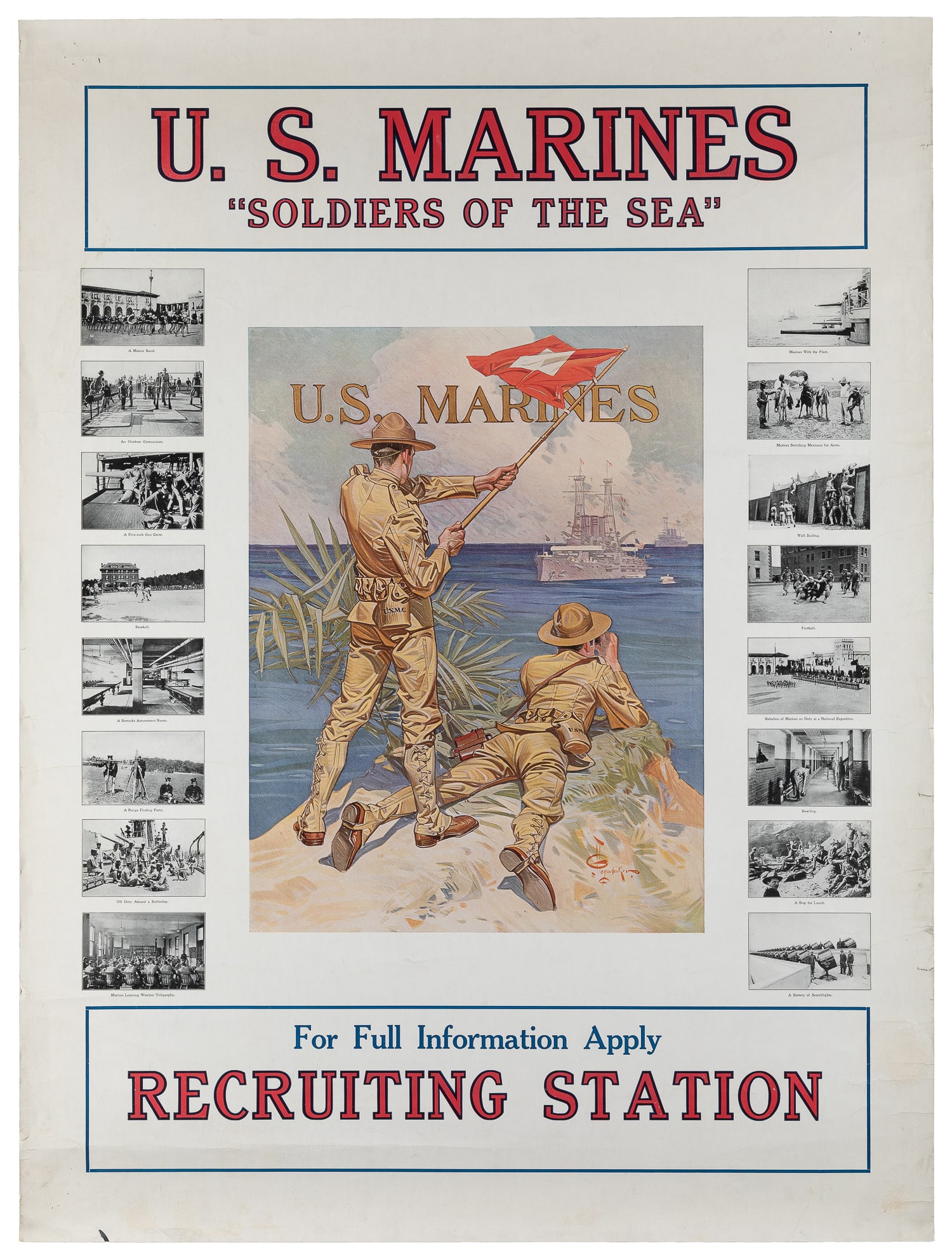 LEYENDECKER, Joseph C. (1874 - 1951). U.S. Marines / "Soldiers of the Sea.": LEYENDECKER, Joseph C. (1874 - 1951). U.S. Marines / "Soldiers of the Sea." Circa 1917. Offset lithograph recruitment poster with central illustration by Leyendecker, surrounded by halftone images of
