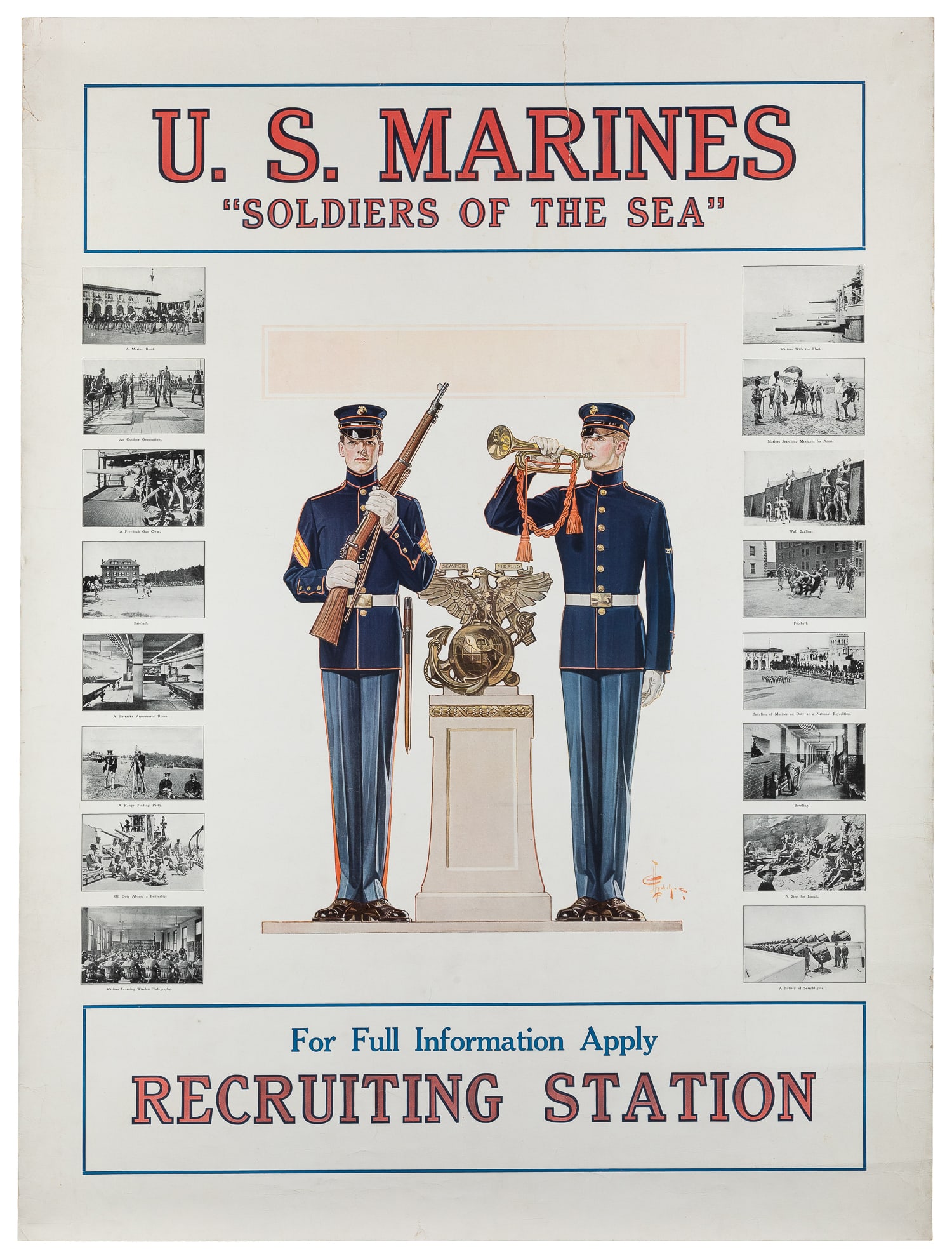 LEYENDECKER, Joseph C. (1874 - 1951). U.S. Marines / "Soldiers of the Sea.": LEYENDECKER, Joseph C. (1874 - 1951). U.S. Marines / "Soldiers of the Sea." Circa 1917. Color offset lithograph recruiting poster with a central illustration of Marines, and black and white scenes of