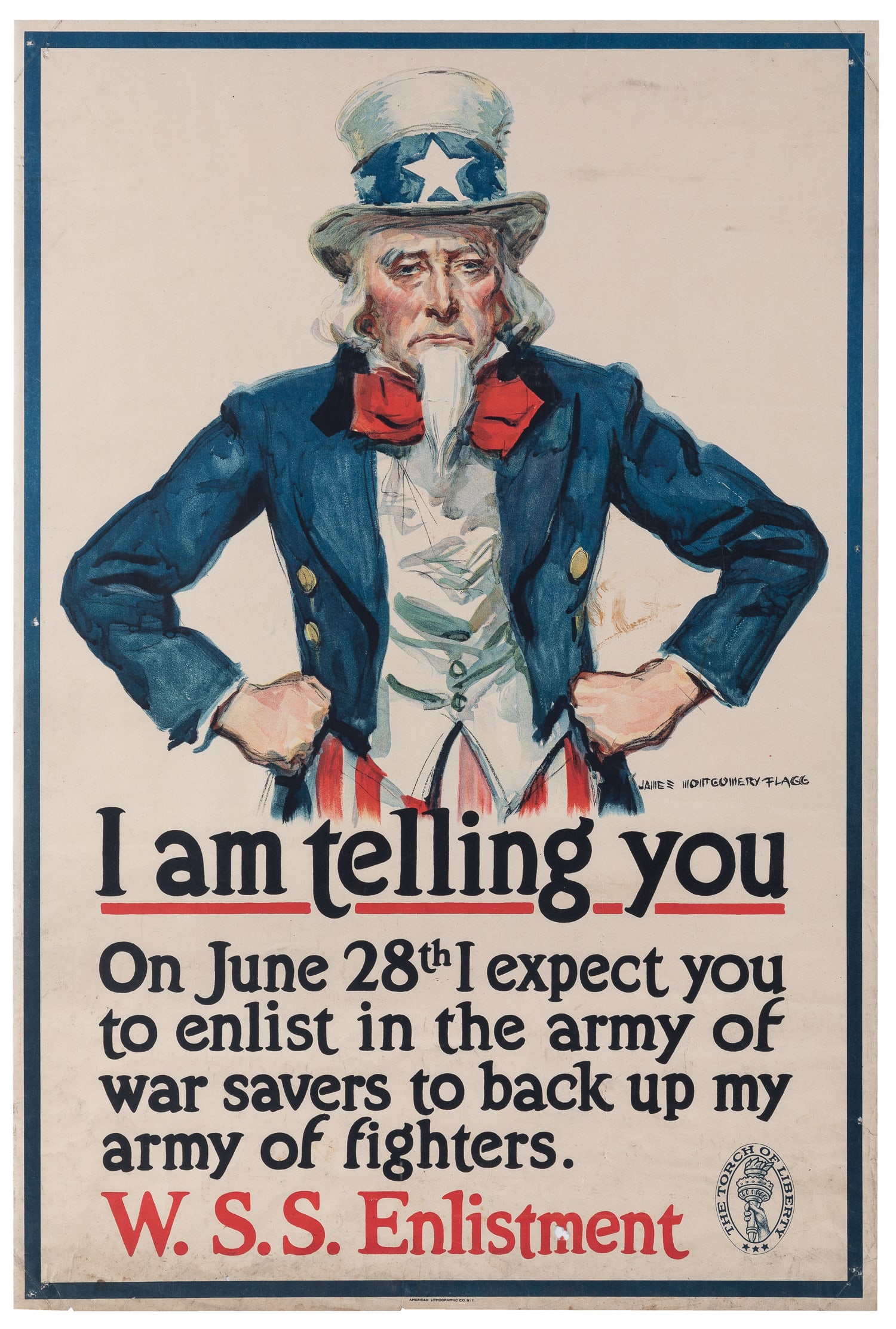 FLAGG, James Montgomery (1877 - 1960). I Am Telling You. 1918.: FLAGG, James Montgomery (1877 - 1960). I Am Telling You. 1918. New York: American Lithographic Co. Flagg turns his Uncle Sam toward the home front audience in this poster, imploring viewers to