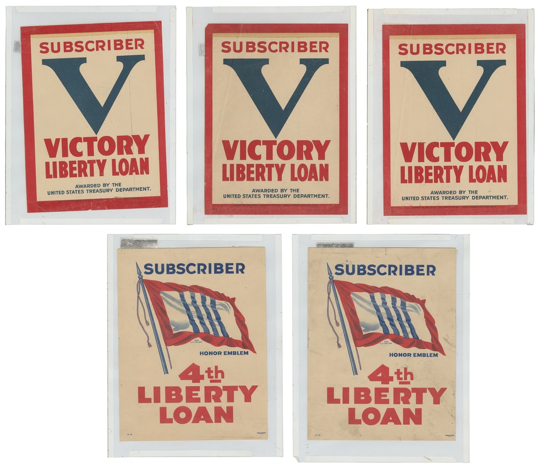 Five WW1 Liberty Loan Subscriber Decals. 1918/1919.: Five WW1 Liberty Loan Subscriber Decals. 1918/1919. A group of 5 WW1 Liberty Loan subscriber decals, two from the 4th Liberty Loan and three from the 5th and final campaign, the Victory Liberty Loan.