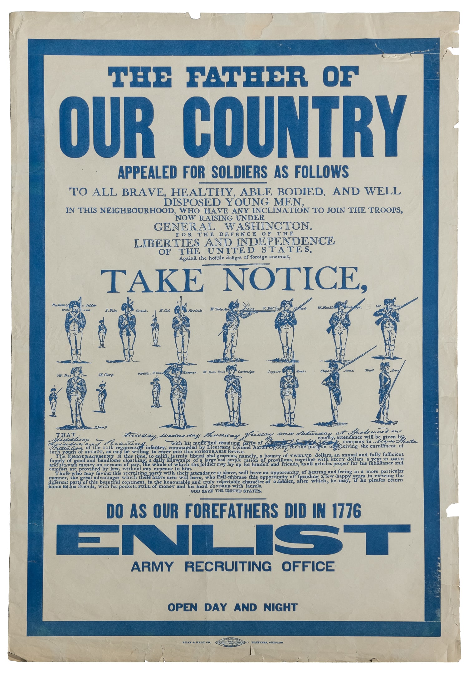 The Father of Our Country Appealed for Soldiers as Follows / Do as our Forefathers Did in 1776 /: The Father of Our Country Appealed for Soldiers as Follows / Do as our Forefathers Did in 1776 / Enlist. Chicago: Ryan & Hart Co., ca. 1917. World War I Army recruitment poster which reproduces a