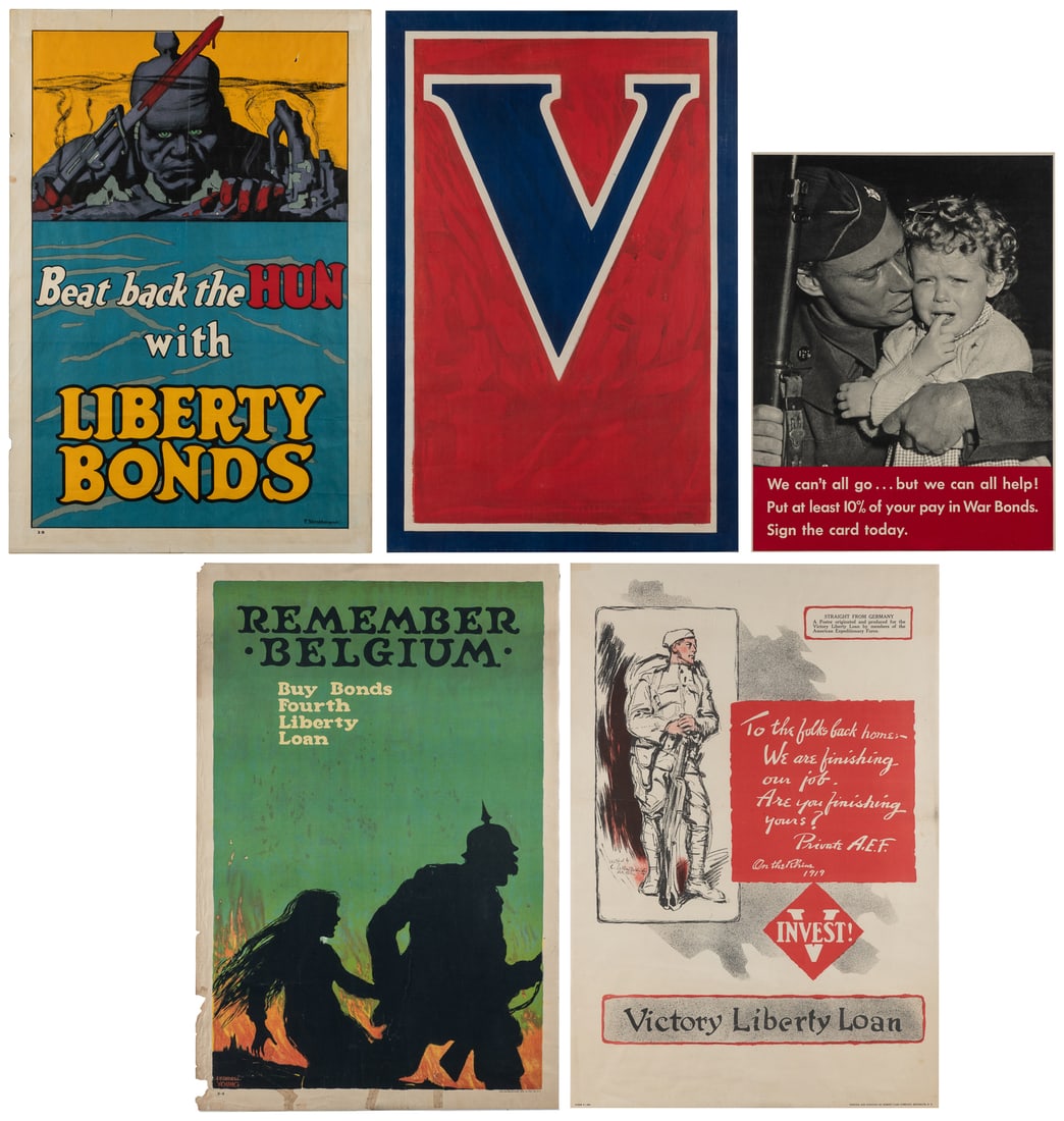 Six WWI Victory Loan War Bond Posters. Circa 1918.: Six WWI Victory Loan War Bond Posters. Circa 1918. Including: "Beat back the Hun with Liberty Bonds" (STROTHMANN, Frederick); "Remember Belgium" (YOUNG, Ellsworth); "HUN or HOME? Buy More Liberty Bond