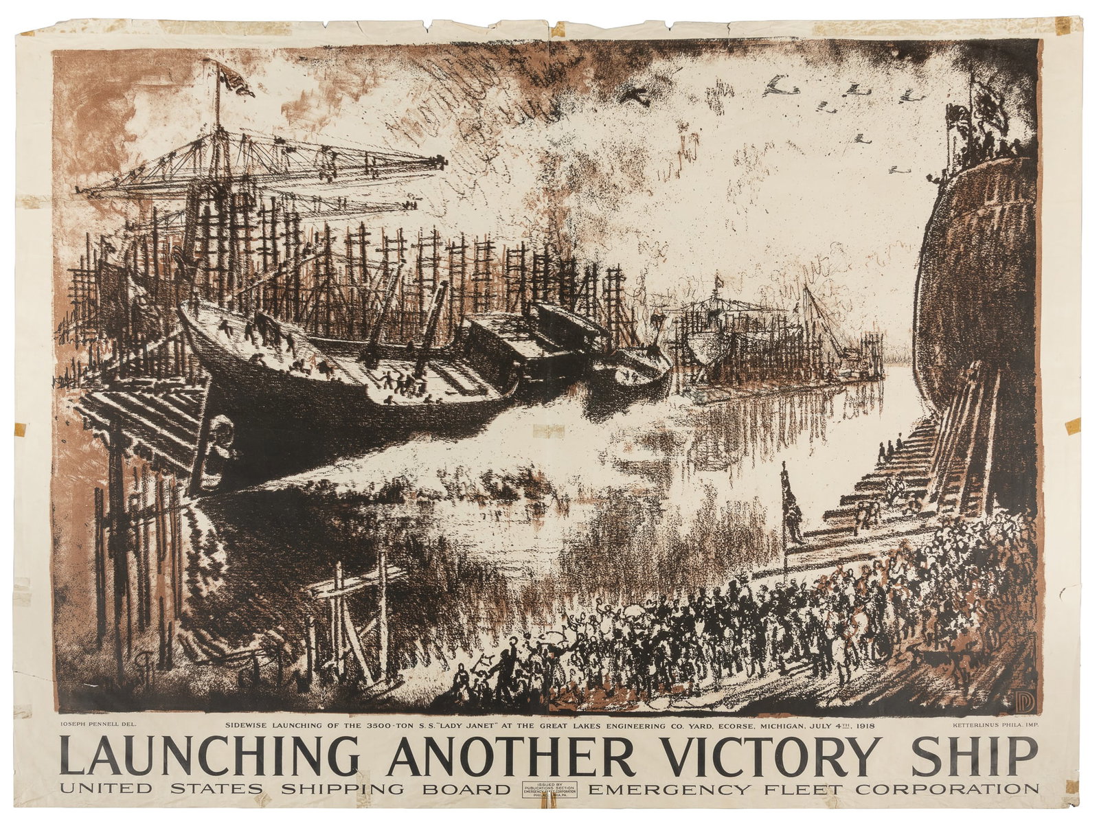 PENNEL, Joseph (1857-1926). Launching Another Victory Ship / United States Shipping Board /: PENNEL, Joseph (1857-1926). Launching Another Victory Ship / United States Shipping Board / Emergency Fleet Corporation. 1918. Philadelphia: Emergency Fleet Corporation. WWI propaganda poster